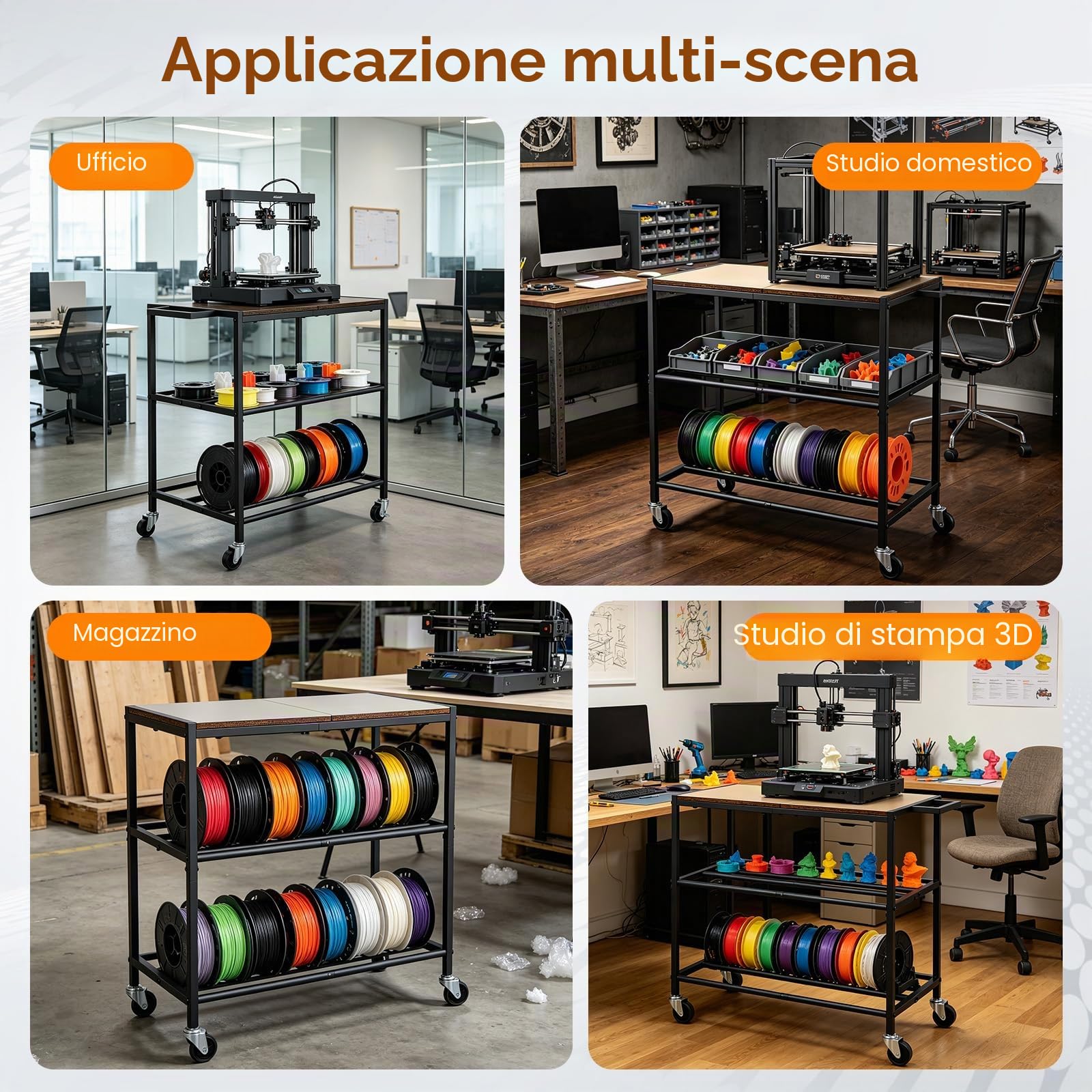 Scaffale mobile per stampante 3D, supporto per bobine pesanti con ruote, 3 ripiani, organizer da scrivania, adatto per stazione di stampa, ufficio, officina