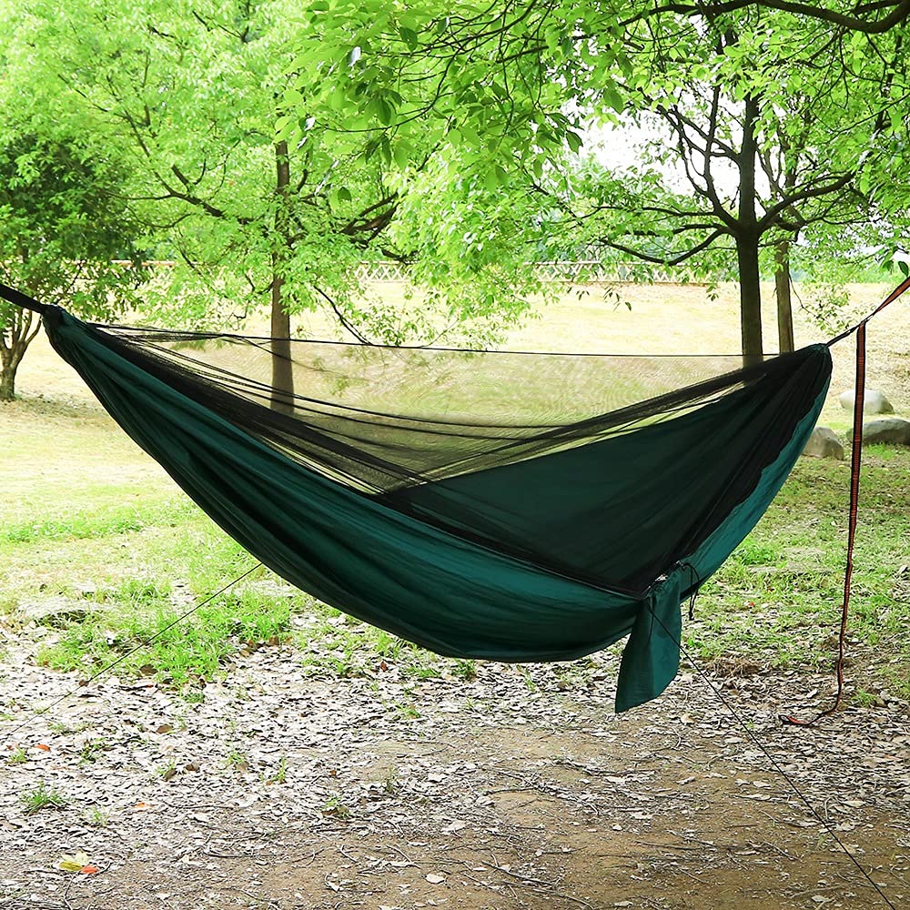 Amaca portatile da campeggio con zanzariera, telo antivento leggero, materiale bue 400D, ideale per escursioni all'aperto e avventura (verde)