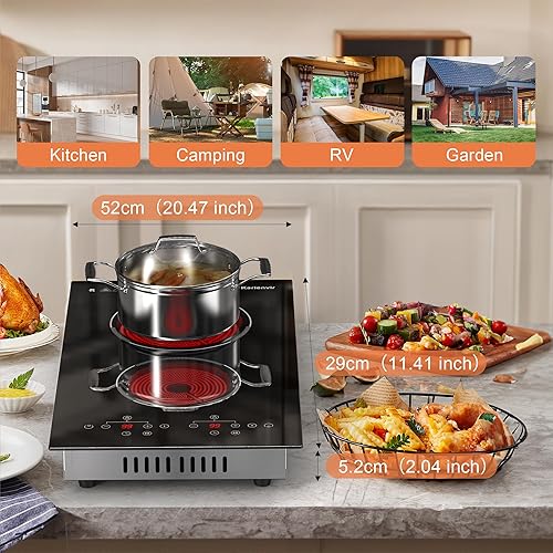 Miniatura 6 de Placa eléctrica de 2 quemadores, estufa eléctrica de 110 V con enchufe, encimera de 12 pulgadas y estufa eléctrica portátil incorporada, 9 niveles