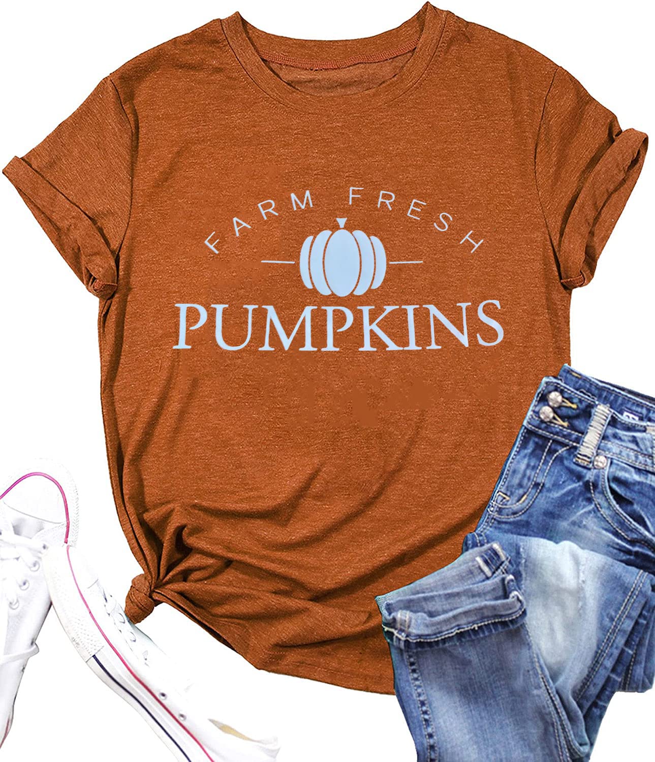 Farm Fresh Pumpkin T Shirt Women Cute Pumpkins Fall Shirt Thanksgiving Short Sleeve Graphic Tees Tops