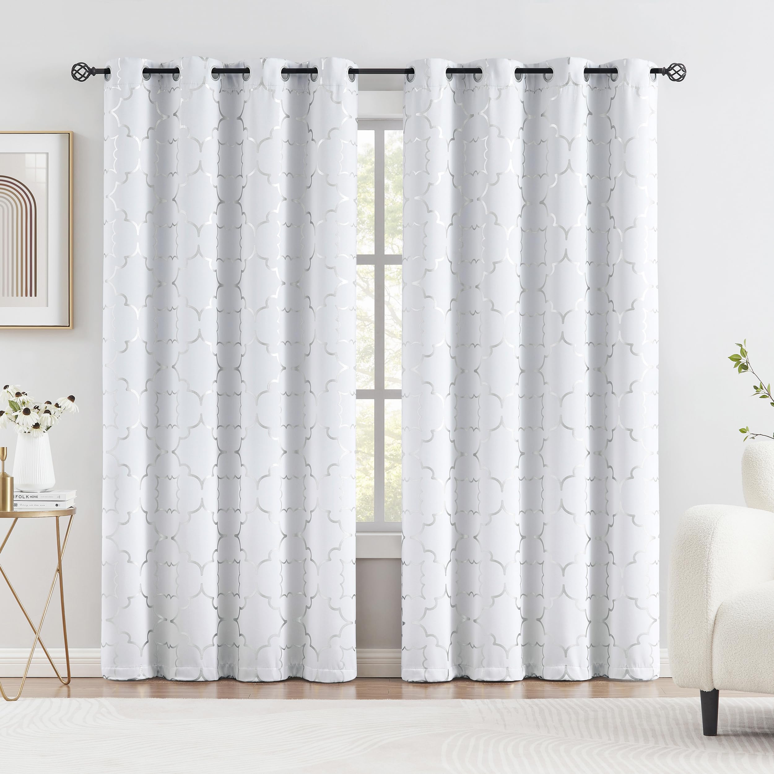 Purainbow Foil Silver Blackout Window Curtains for Bedroom Living Room 95inch Long Modern Metallic Print Thermal Insulated Drapes Privacy Protection