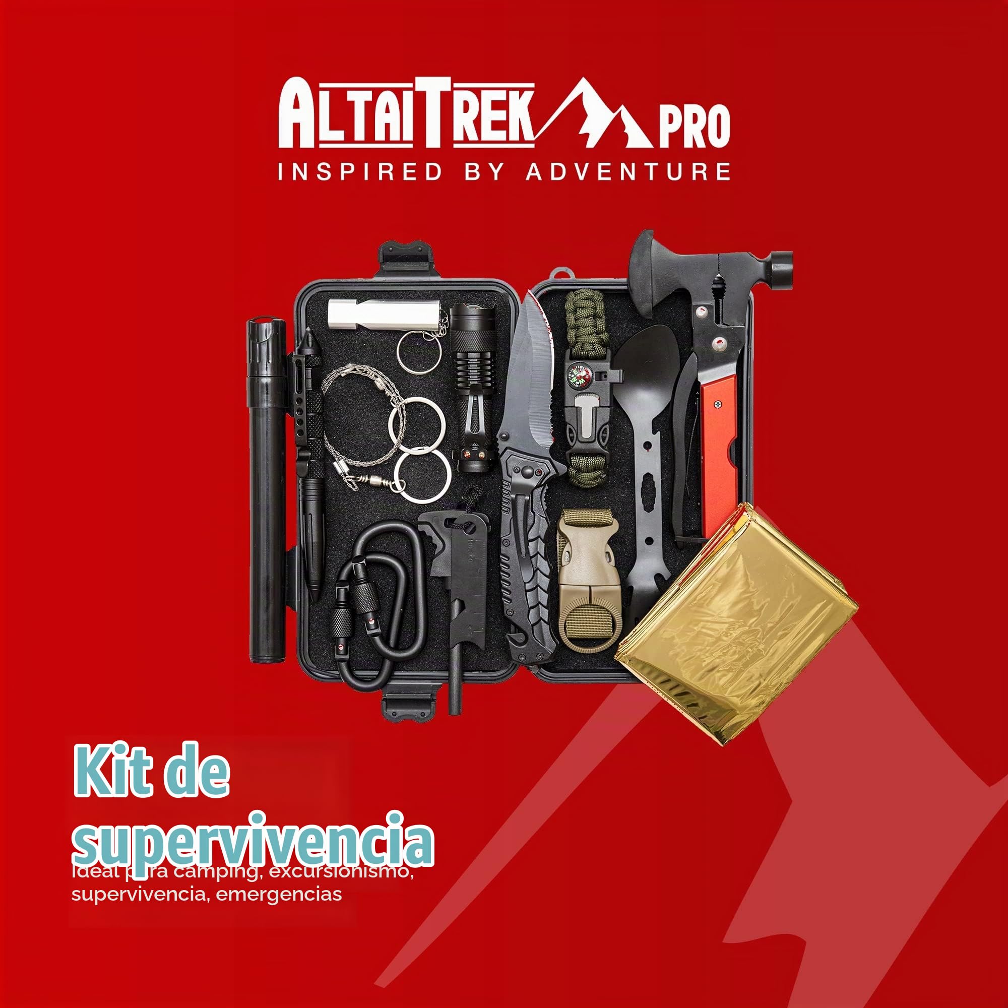 Kit de Supervivencia con Cuchillo, Manta Térmica, Flintlock, Bolígrafo de Defensa Personal, Hacha Multifunción | para Camping, Rescate | El único con Filtro de Agua de Emergencia