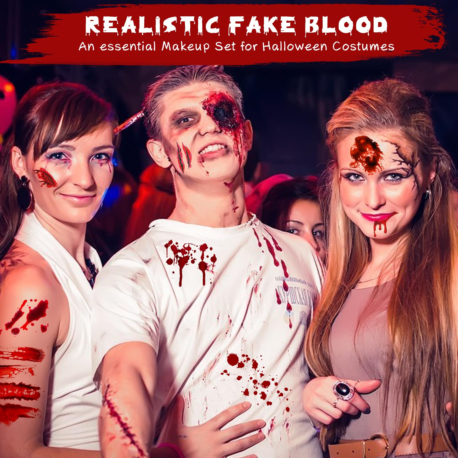 Halloween zestaw do makijażu ze sztuczną krwią, 60ml spray ze sztuczną krwią + 60ml kapiąca sztuczna krew + 30ml zakrzepłe osocze krwi + 2 gąbki + 1 pędzel do makijażu, sztuczna krew zmywalna do