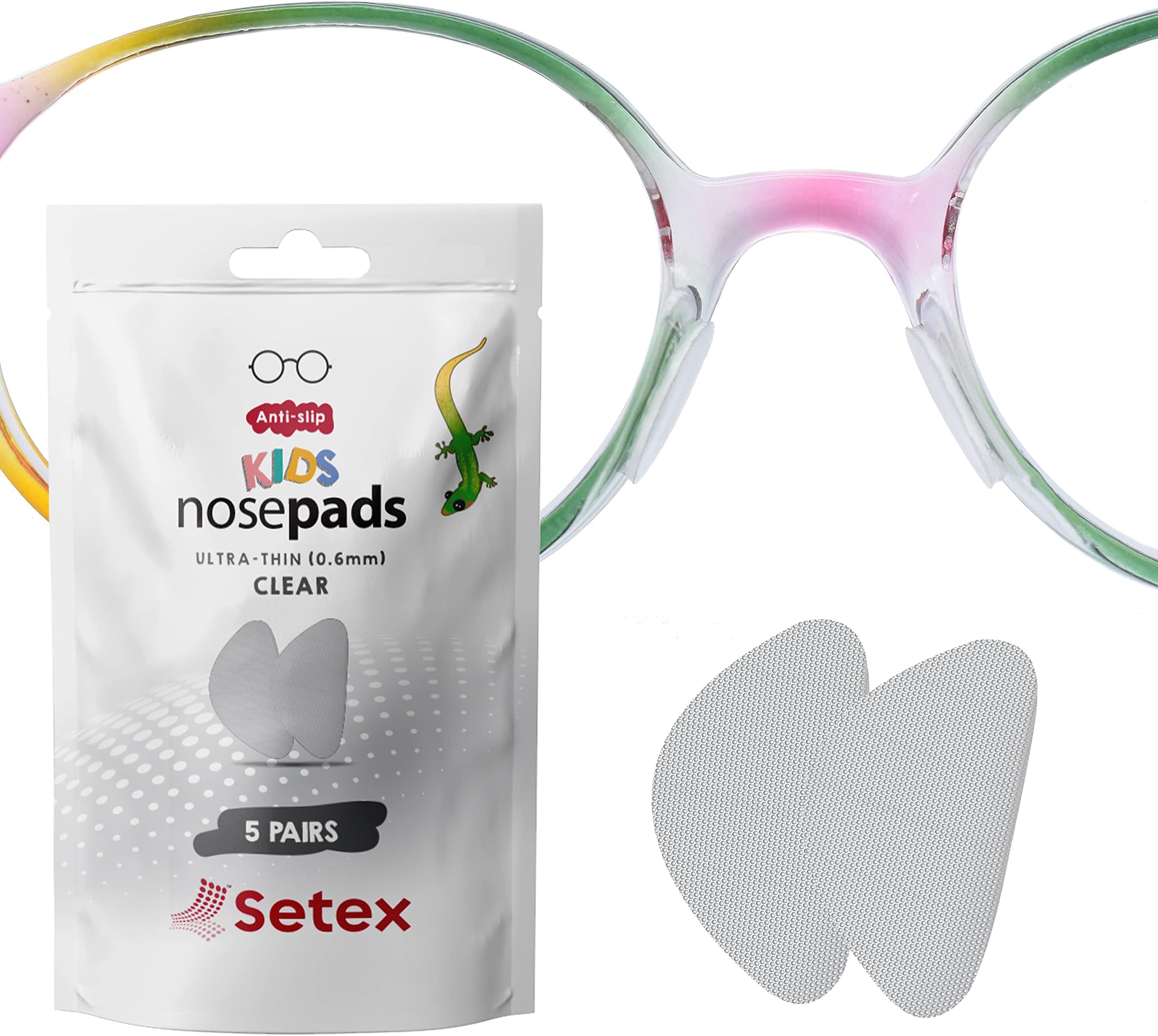 Gecko Grip 0.6mm Anti Slip Eyeglass Nose Pads for Kids (5 Clear Pair) USA Made, 2000 Innovative Microstructured Fibers per Nose Pad, 0.6mm x 6mm x 10.88mm