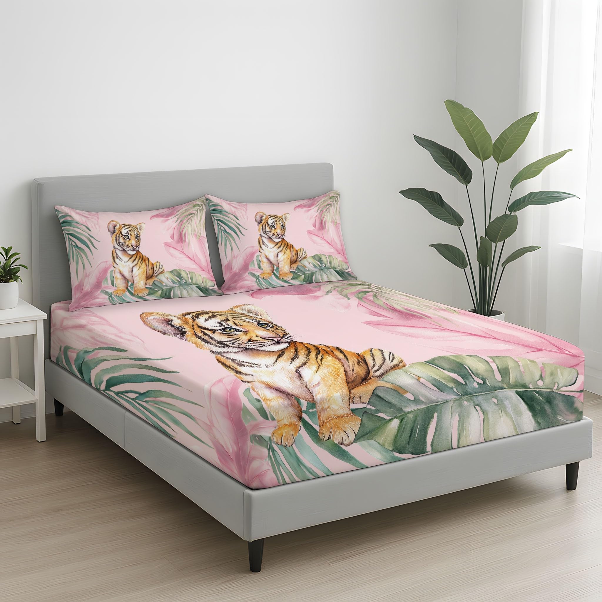 3-teiliges Spannbettlaken 180 x 200 cm - Kinderzimmer Mikrofaser Bettwäsche-Set, Dschungel & Tiger, Tiere & Niedlich Bettlaken Available in 10 Colors
