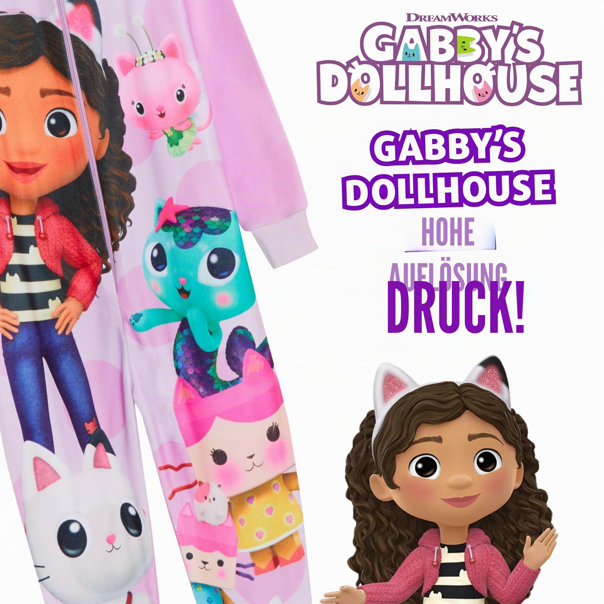 gabby's dollhouse Einteiler für Mädchen All In One Gabby Pyjama Kinder Fleece Pjs Warm Loungewear