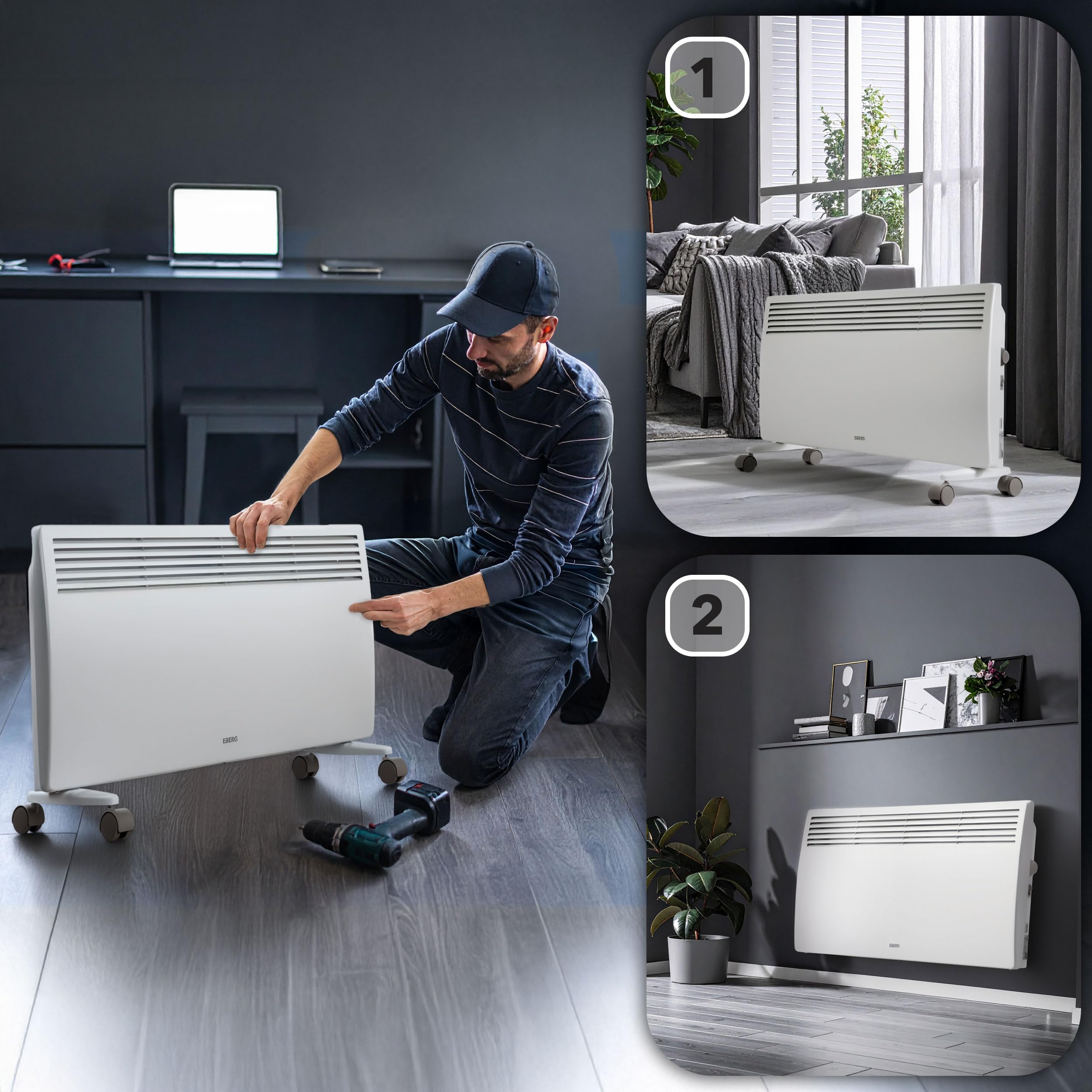 EBERG VECTO V20Y1 Grzejnik konwektorowy 2000 W z termostatem, 2 poziomy mocy 1000/2000 W, grzałka X-Shape, zabezpieczenie przed przegrzaniem i przewróceniem, biały