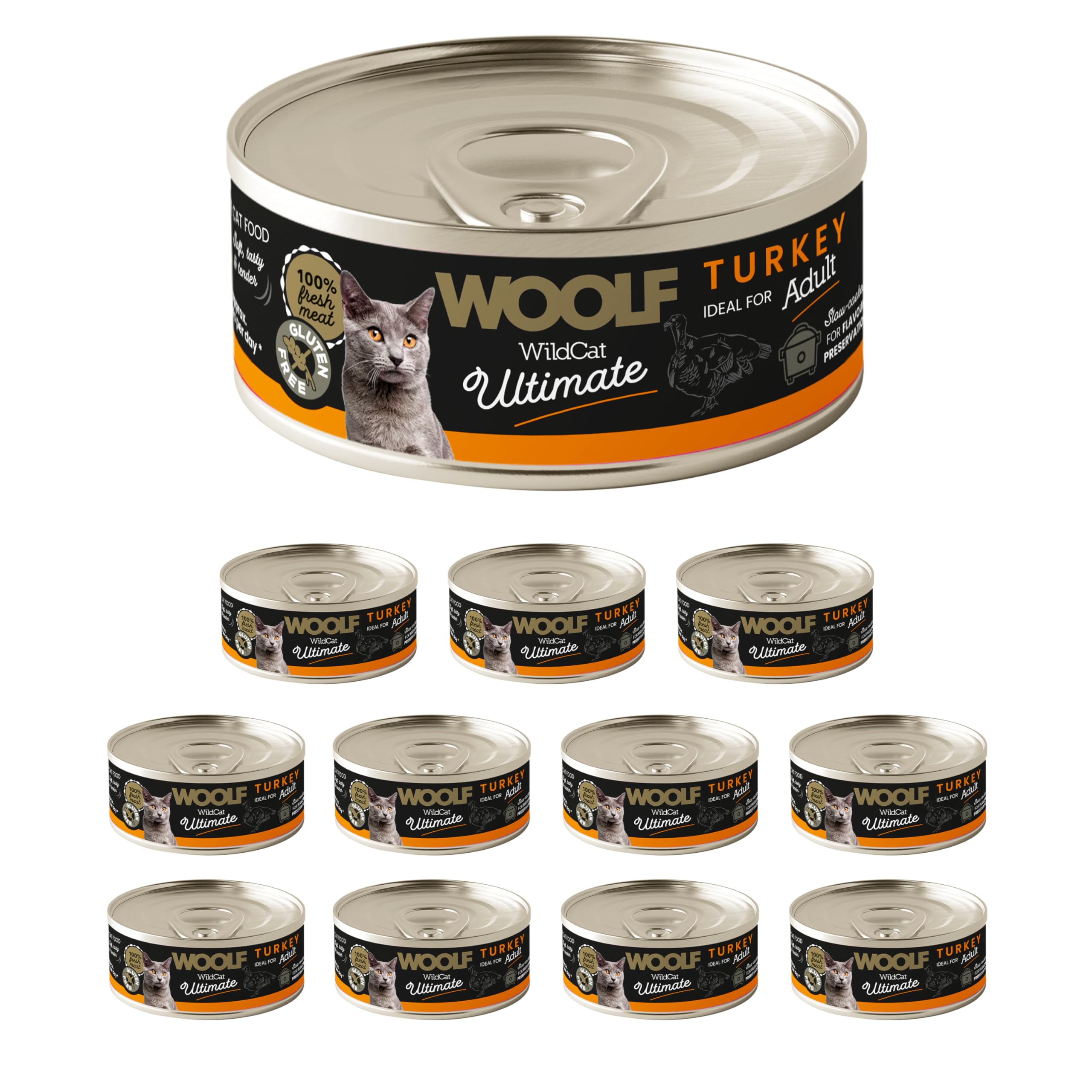 WOOLF Wet Canned Complete Cat Food Pack of 12 x 85g - High Protein & Moisture-Rich Pâté, Nutritious, Supports Healthy Growth & Brain Development, Easy Digestion, Suitable for Adult Cats (Turkey)