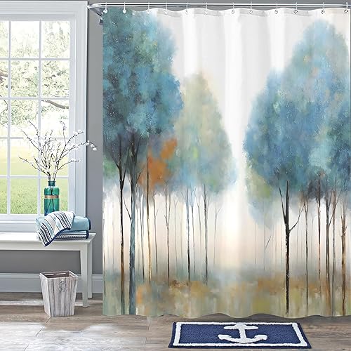 Miniatura 3 de Cortina de ducha de tela con diseño de árbol azul, cortinas de ducha de tela, juego de decoración de baño con 12 ganchos, árbol azul, 72 x 72