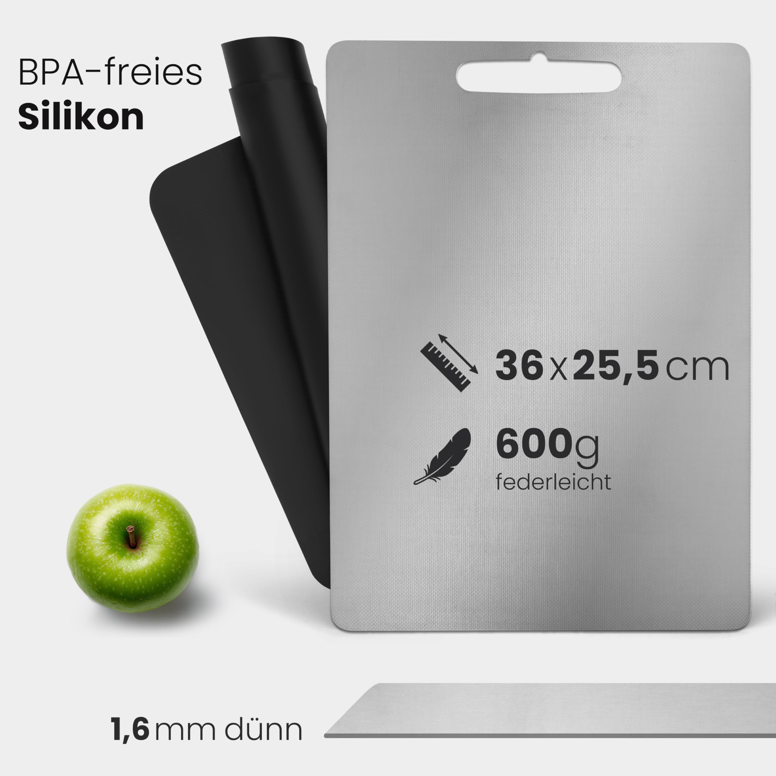 MALMØ Titan Schneidebrett (36x25 cm) - Schneidebrett aus 100% reinem Titan mit Anti-Rutsch-Silikonmatte - Schneidebrett für Fleisch, Obst und Gemüse - plastikfreies Metall Schneidebrett