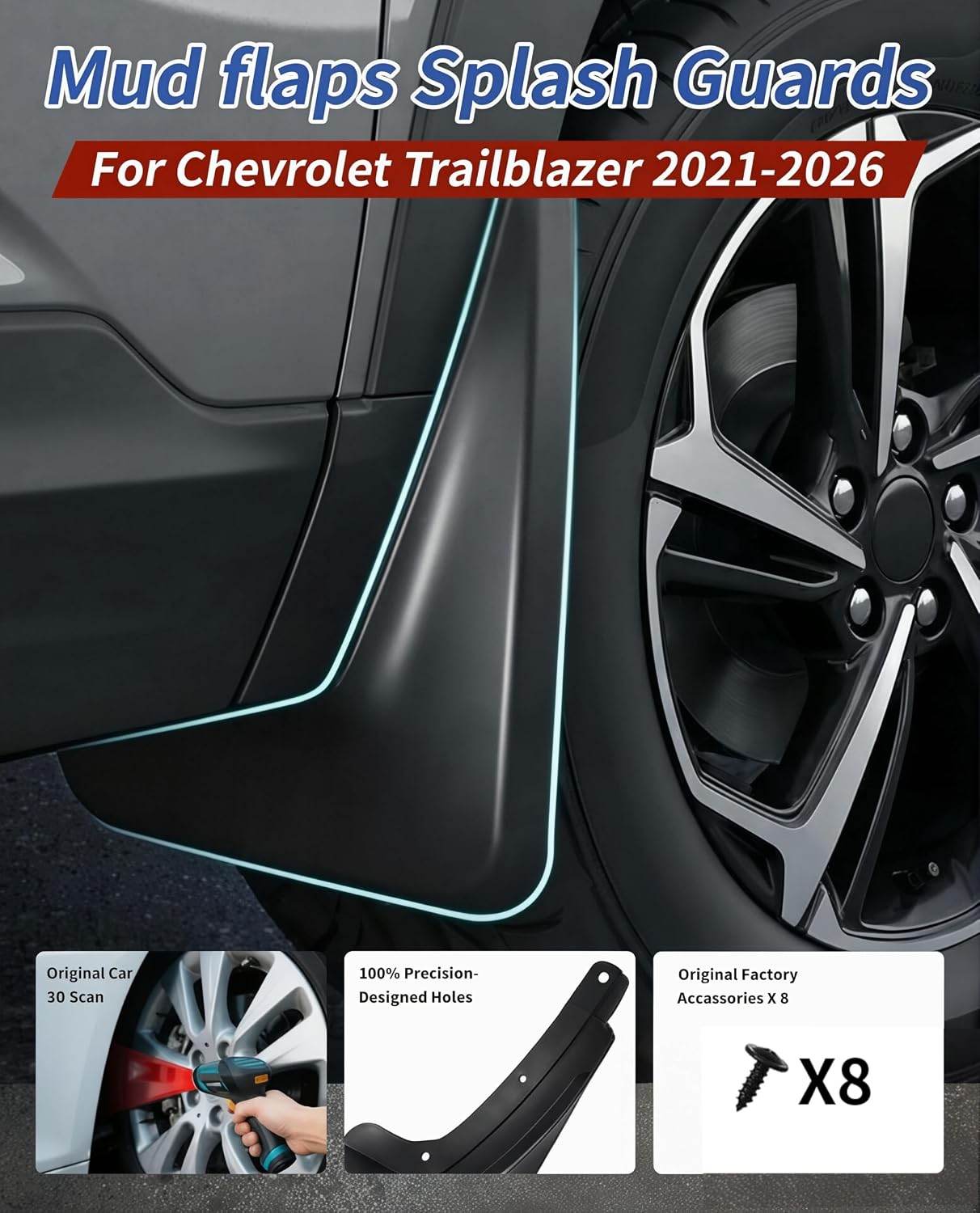 No Drill Mud Flaps for Chevrolet Chevy Trailblazer 2021-2026, OEM Thermoplastic Black Mud Guards, Heavy Duty Front Rear All Weather Splash Guards Fit for L/LS/LT/ACTIV Models, Not Fit RS