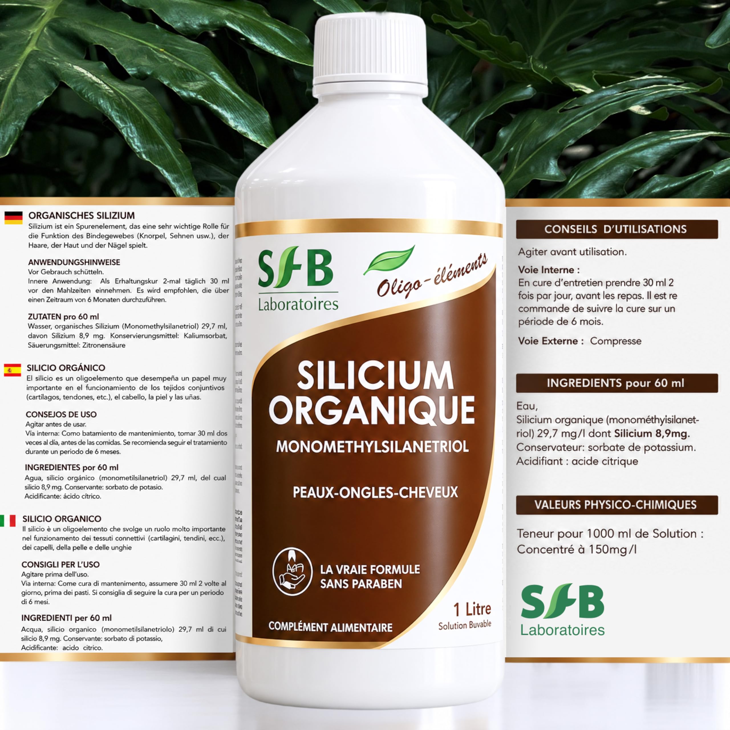 SFB Laboratoires – Silicio Organico Formula G5 Liquido 1L Alta Qualità e Assorbimento, Integratore Alimentare Naturale per Articolazioni, Pelle, Capelli, Unghie – Fonte Vegetale – Silice