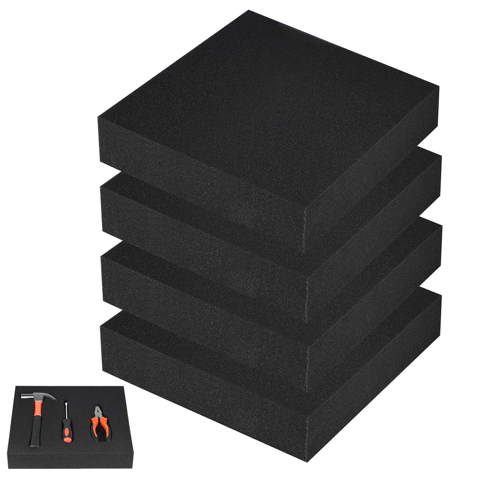 4PCS Black Foam Padding -12 x 12 x 2 Inches Foam Inserts for Cases, Cuttable Polyurethane Foam Pads for Cases Camera Toolbox Storage and Crafts,DIY Projects