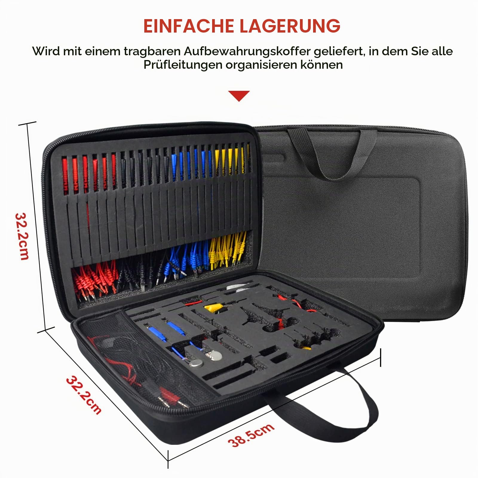 Multimeter Test Leads Set, 92PCS KFZ Fehlerdiagnose Messleitungsset enthält Prüfspitzen, Kabelverbinder, Krokodilklemmen, Elektrisch Auto Reparatur Prüfkabel mit Aufbewahrungstasche für Fahrzeuge