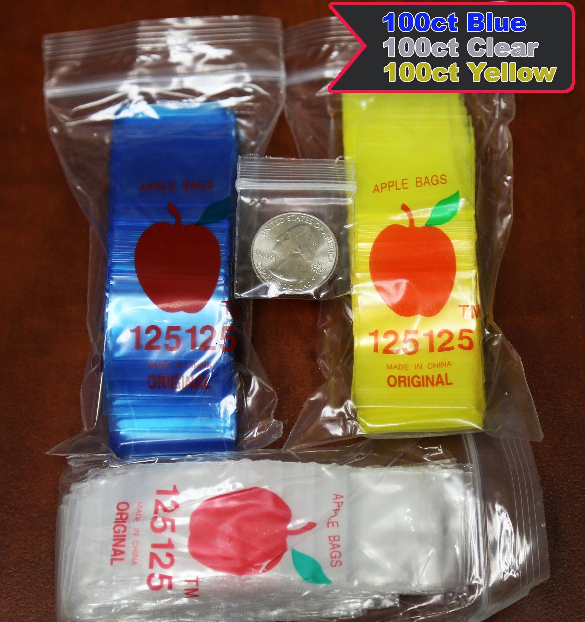 Apple Ziplock Bag -1.25" x 1.25" ( 100 Blue, 100 Clear, 100 Yellow )- 2.5 Mil -- Mini Ziplock Baggies , #125125 Recloseable Bags