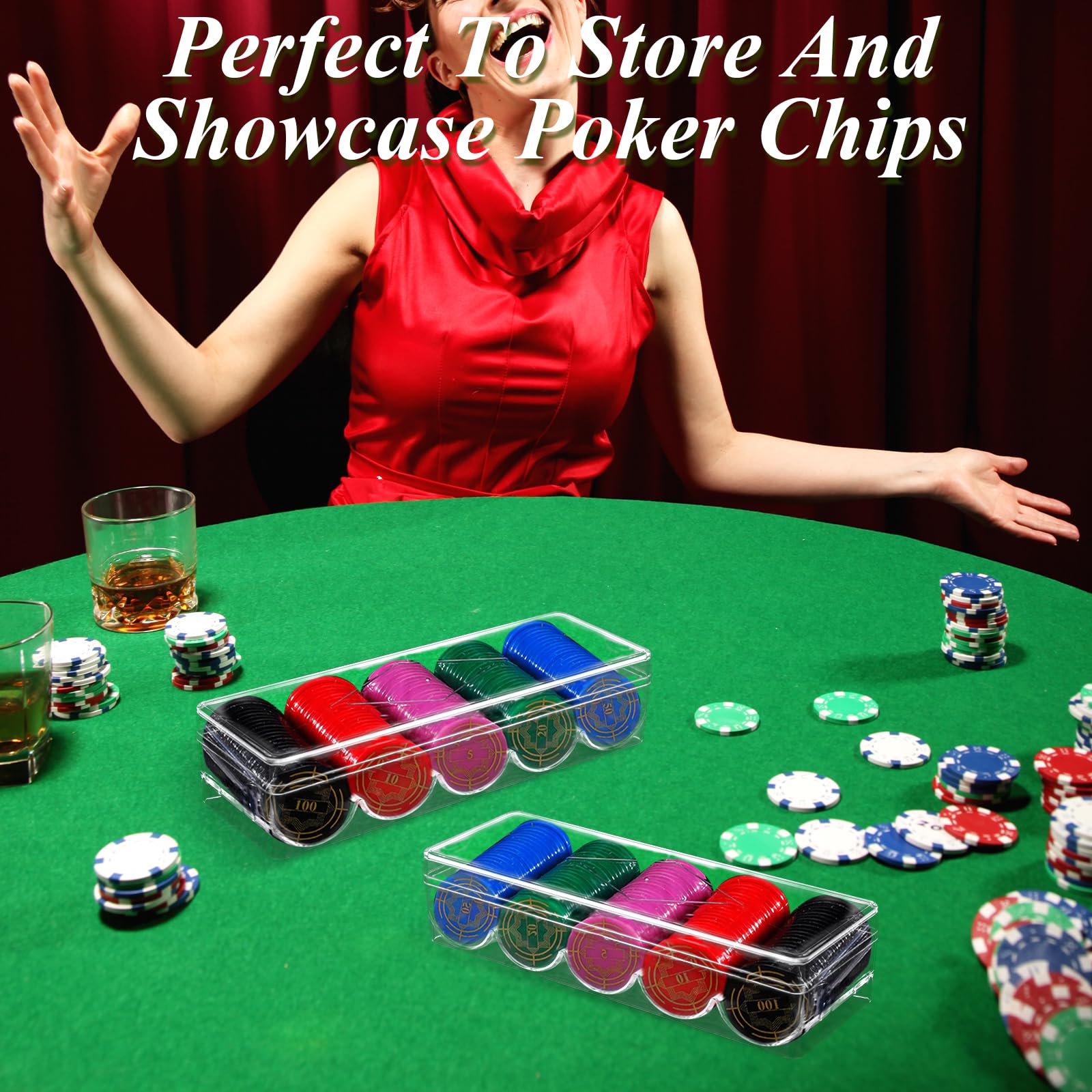 SENENQU Lot de 10 étagères à jetons de poker en acrylique transparent avec couvercles, plateau de casino pour jetons de poker Texas Hold'em, Blackjack, 100 jetons chacun