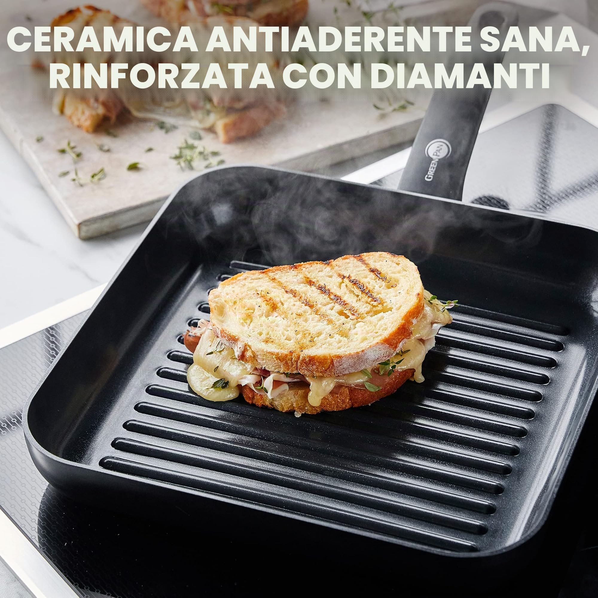 GreenPan Cambridge Padella per Grigliare Quadrata in Ceramica Antiaderente da 28 cm, senza PFAS, Induzione, Lavabile in Lavastoviglie, Forno, Nera