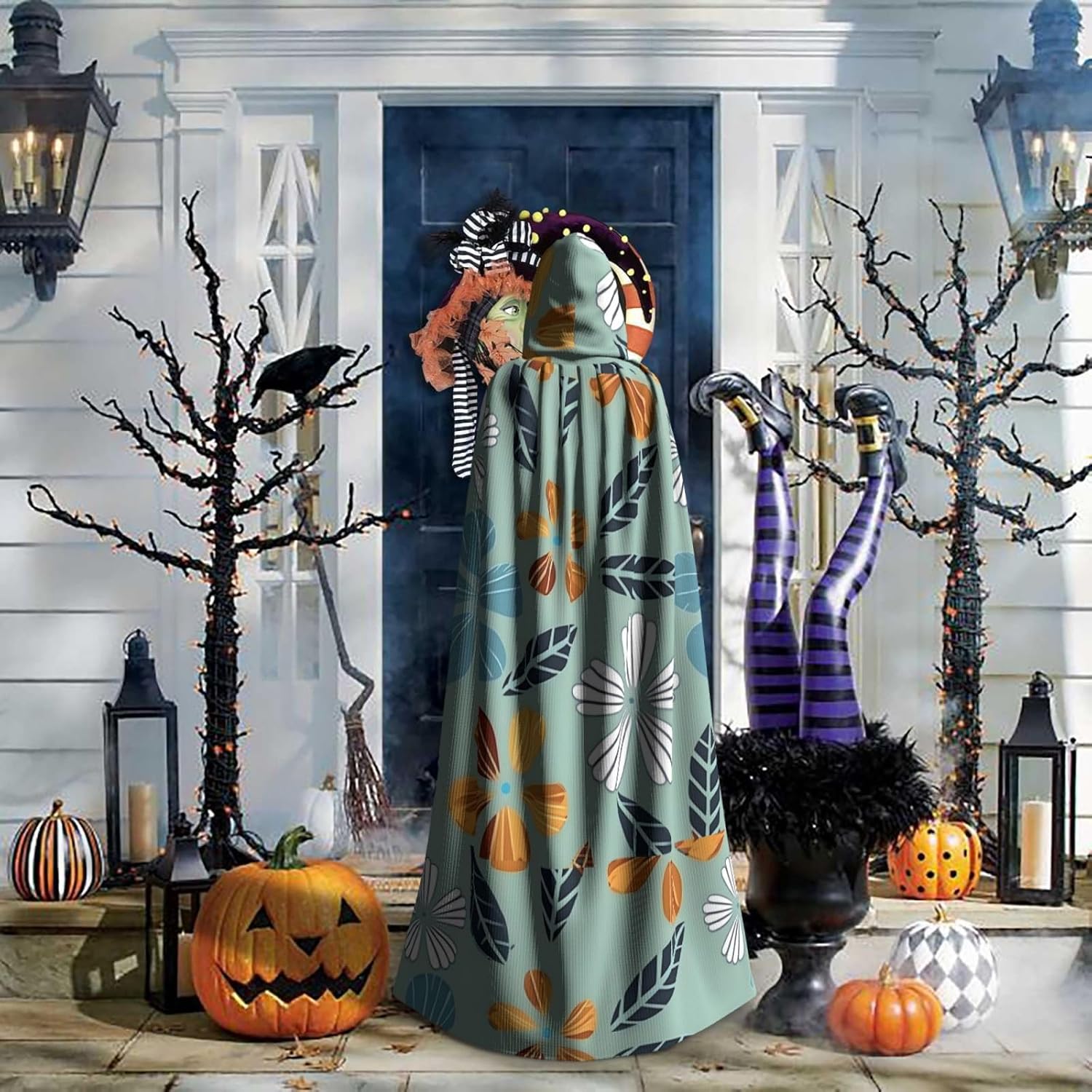 Light Coloured Floral Men Women Halloween Role Play Party Decoration Hooded Poncho Black