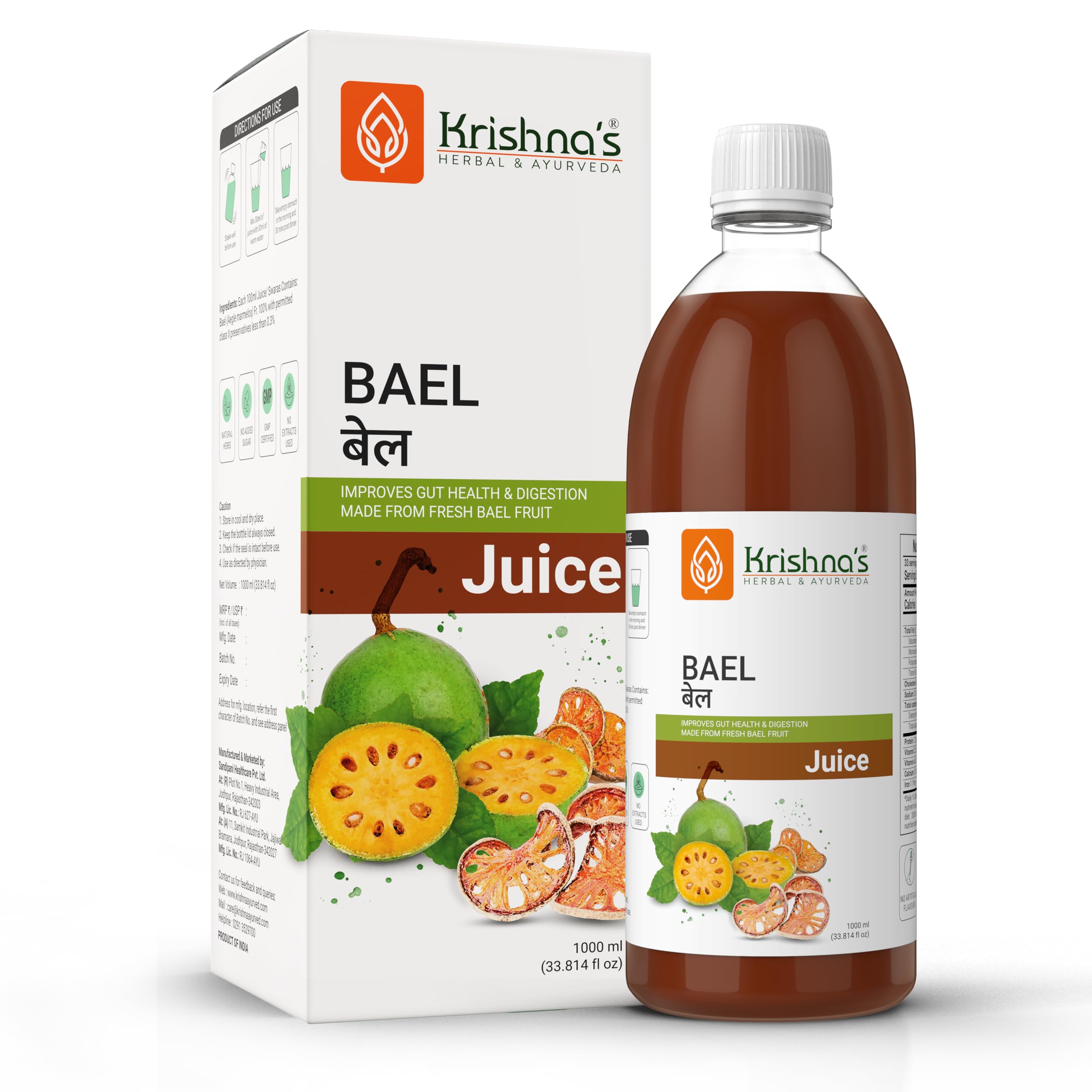 Krishna's Ayurveda Bael Juice -1000 ml concentrate | Sugar Free Beal Juice for Healthy Gut Health, Bel Swaras with No Added Color or Flavour