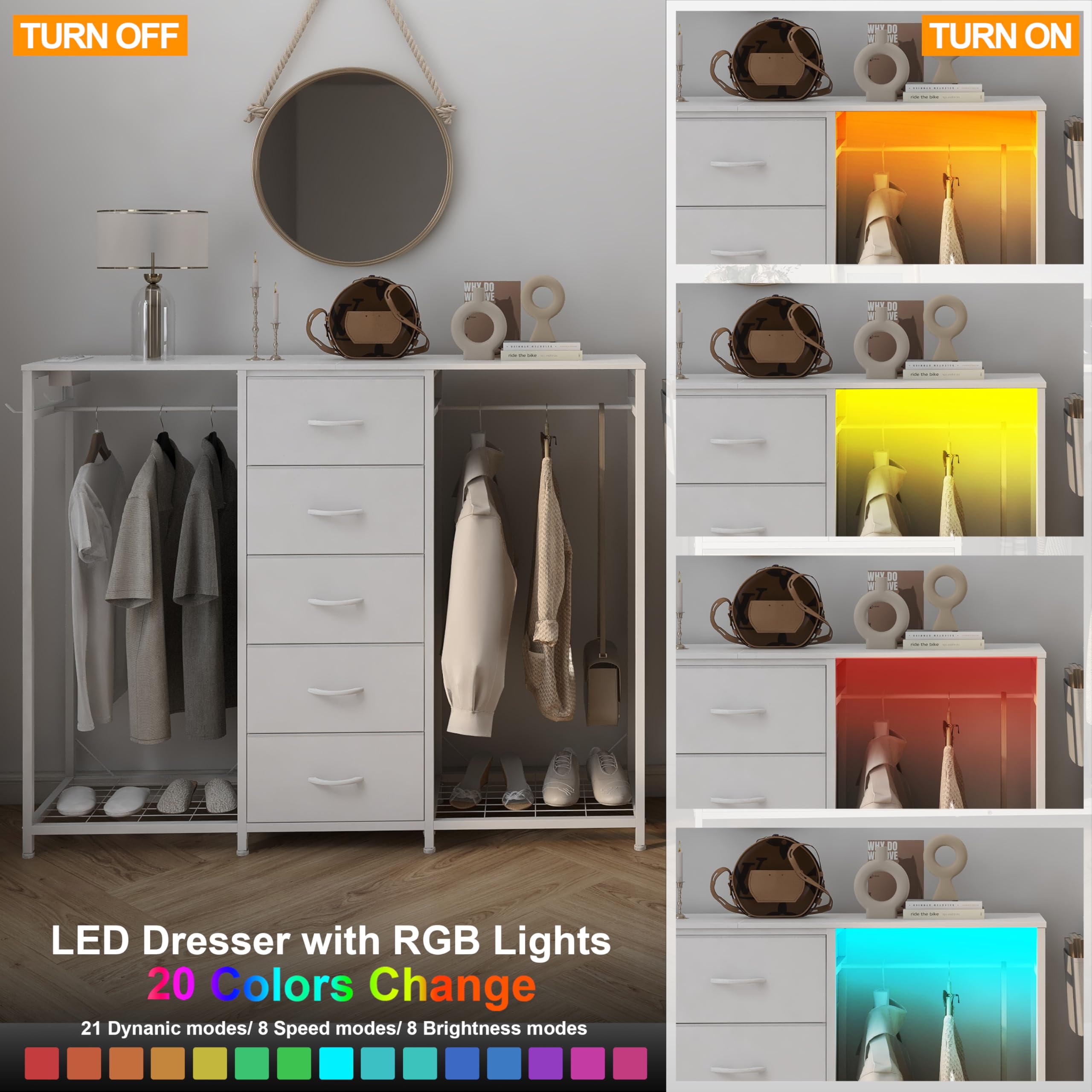 Trironsun - Cajonera de 5 cajones con perchero. Cajonera con barra para ropa con luces LED. Armario con barra de ropa, luces, cajones, estación de carga, estante flexible y estantes abiertos para la