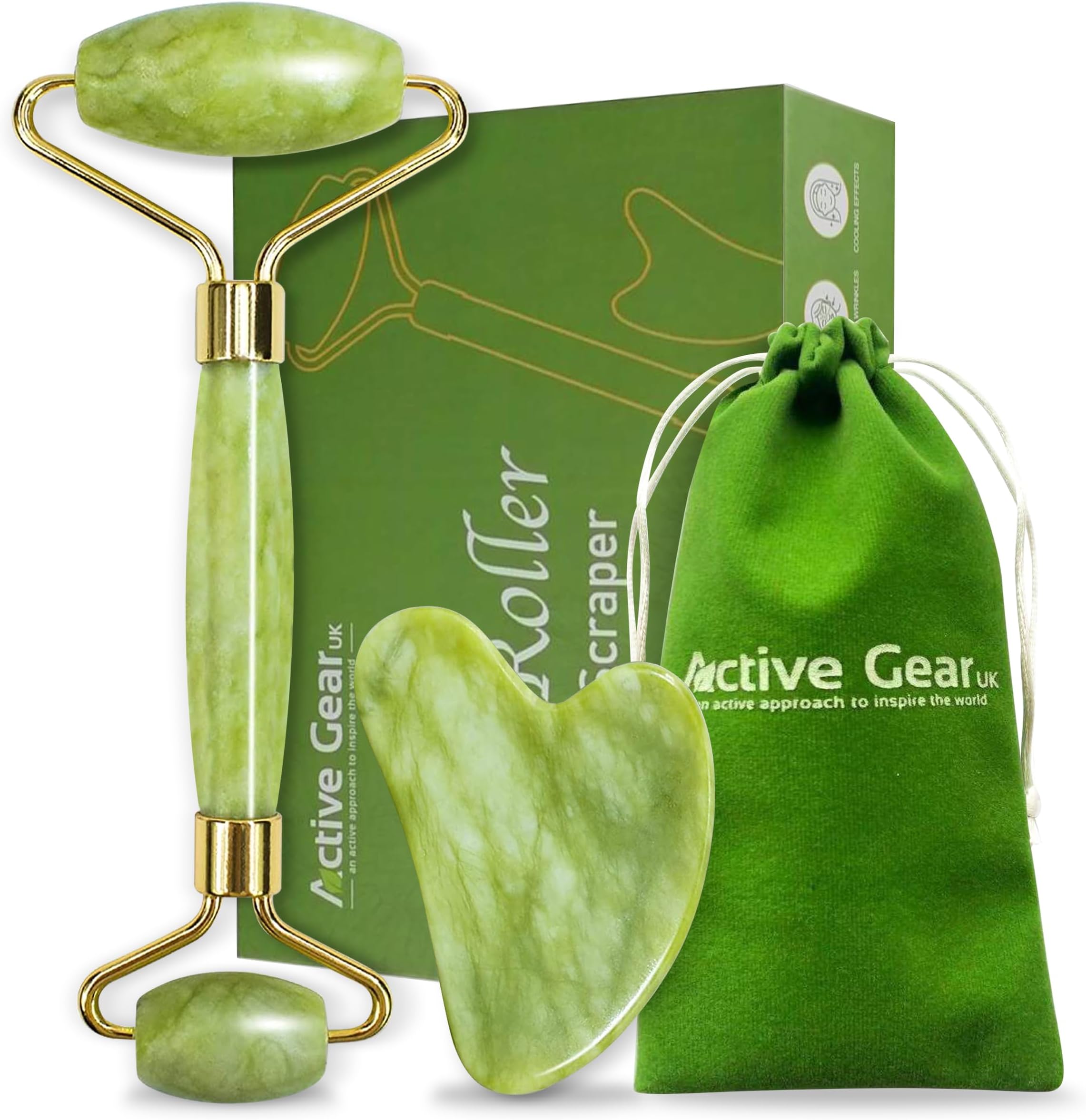 ACTIVE GEAR Jade Roller and Gua Sha Massage Tool - Face Roller Set for Skin Care - Natural Green Jade Stone - Neck and Face Massager - Perfect Self Care Gifts for Women
