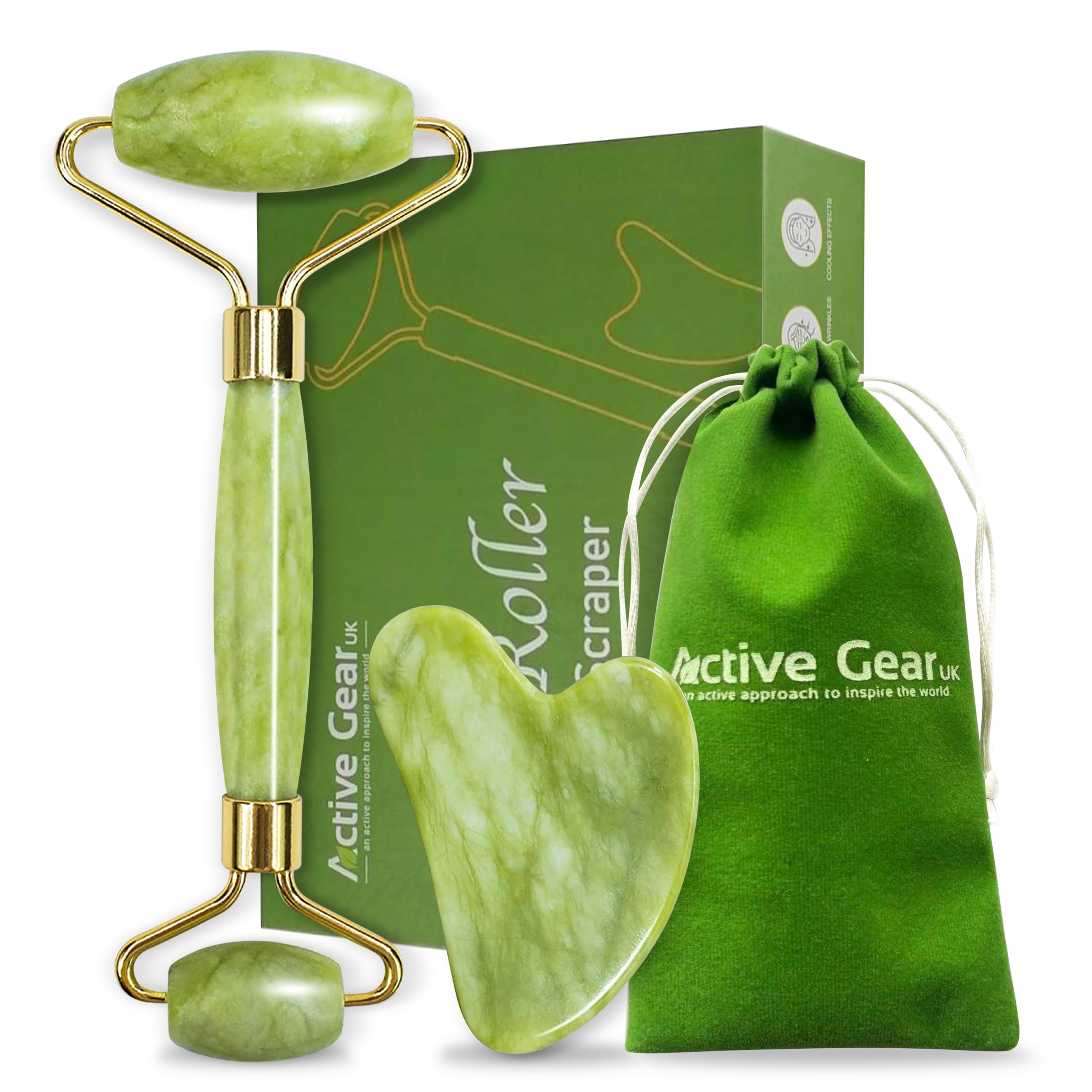 ACTIVE GEAR Jade Roller and Gua Sha Massage Tool - Face Roller Set for Skin Care - Natural Green Jade Stone - Neck and Face Massager - Perfect Self Care Gifts for Women