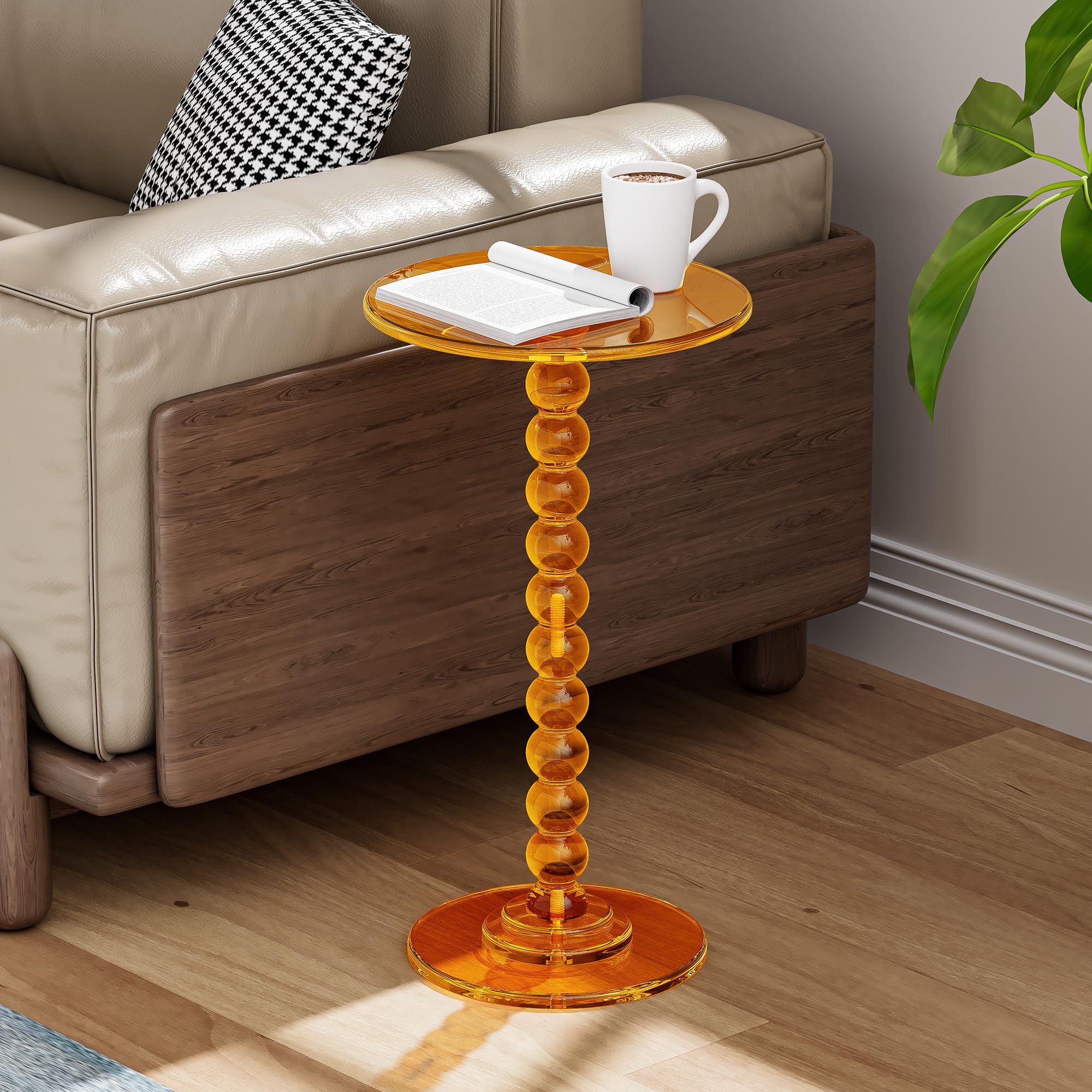 Mesa Auxiliar de acrílico, Mesa Lateral con Tapa Redonda y Poste sólido para salón, Dormitorio, balcón, Mesa de Apoyo, fácil Montaje (Naranja, 30×30×55 cm)