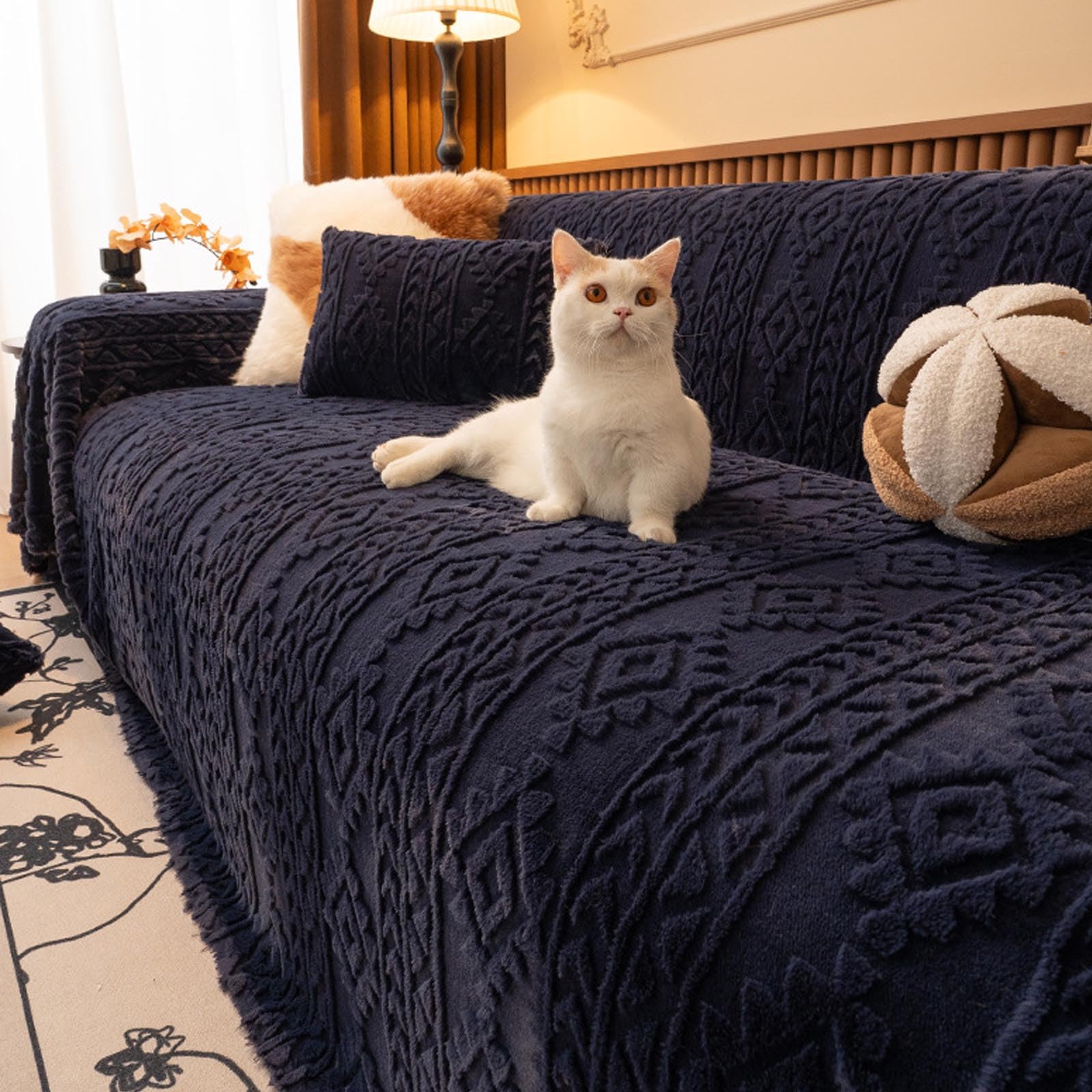 Housse de canapé lavable en machine et durable en velours bleu 180x300cm