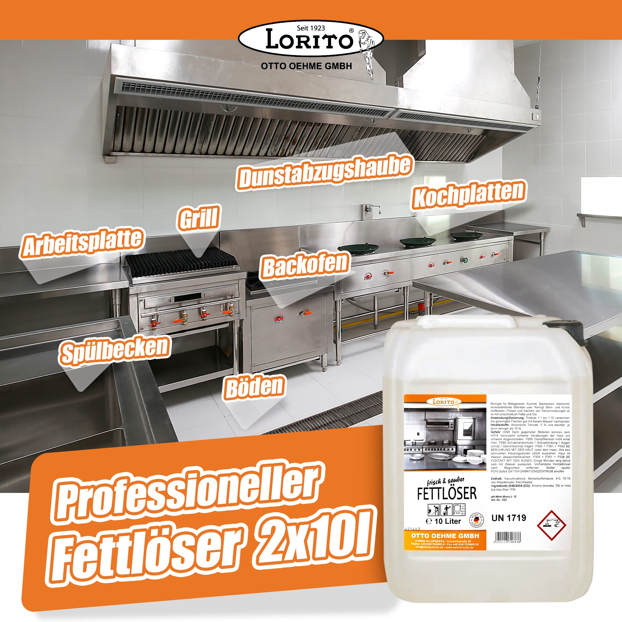 Lorito Profi-Fettlöser stark für Gastronomie & Küche 2 x 10L | Küchen-Reiniger Konzentrat für Dunstabzugshaube, Grill, Backofen & Fliesen, entfernt Fett, Öl & hartnäckige Verunreinigungen