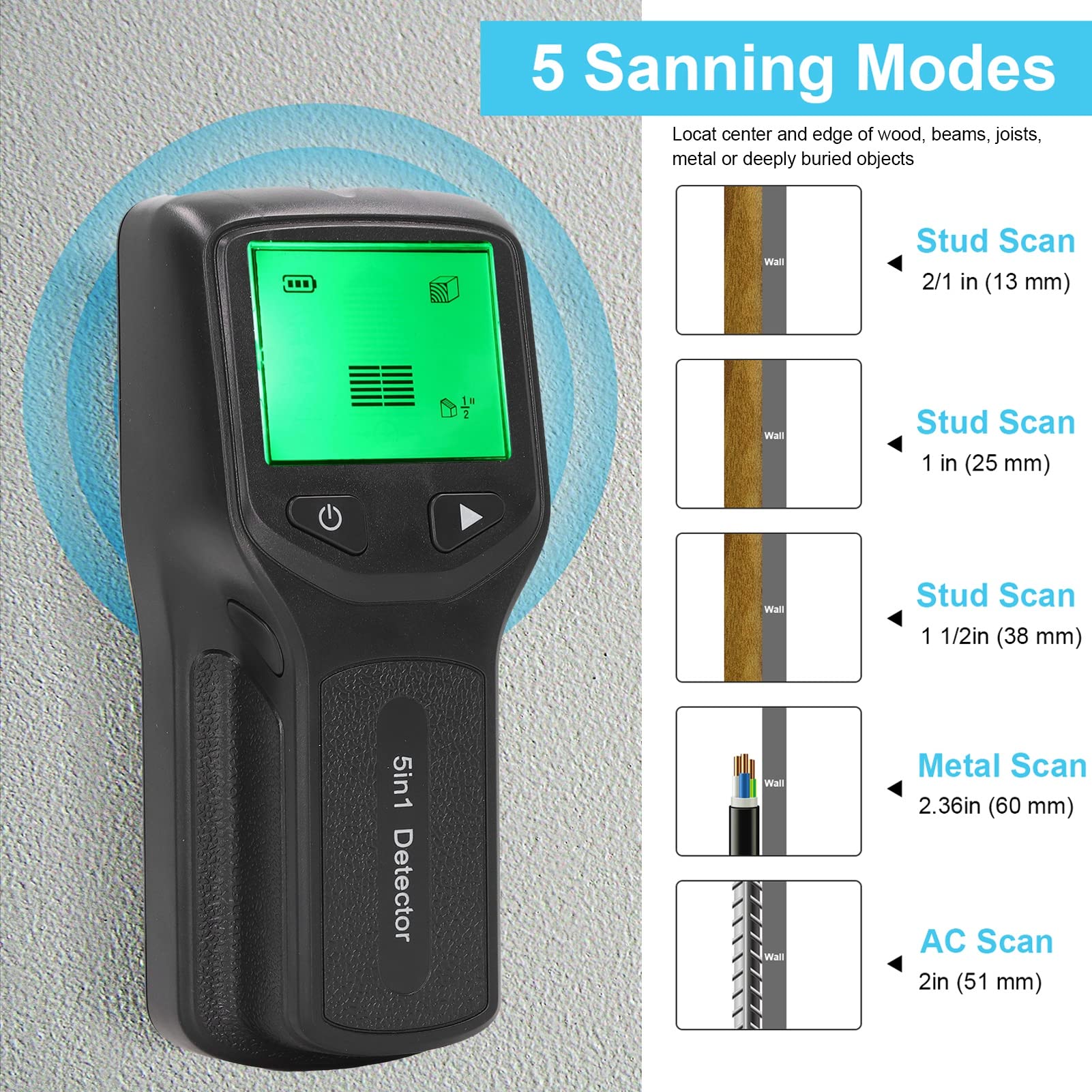 Stud Finder Wall Scanner Sensor 5 in 1 HD LCD Display Electronic Stud Detector ABS for Wood Pipes Metal AC Wires (Black) - Image 3