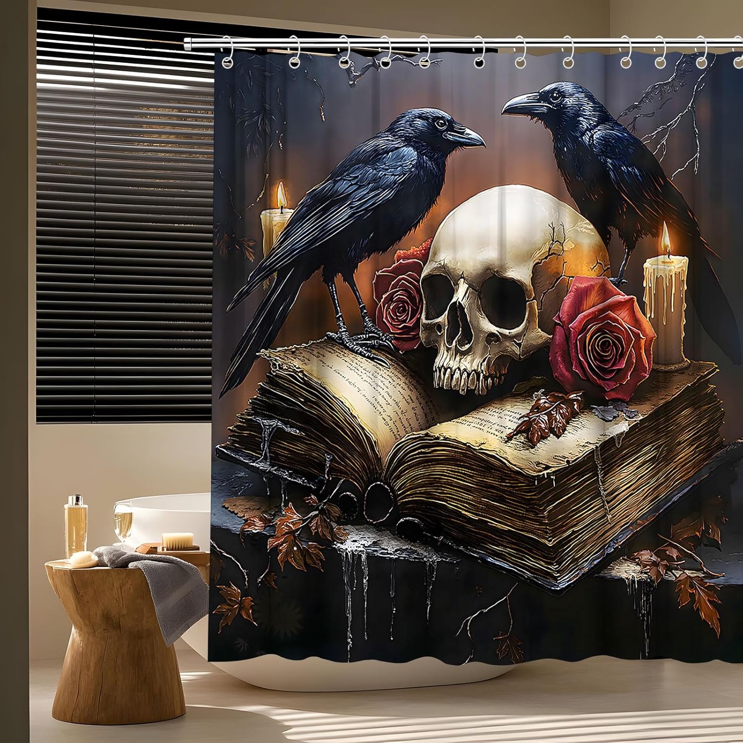 Gothic Skull Crow Shower Curtain Halloween Black Raven Red Rose Floral Old Books Candle Branch Tree Abstract Spooky Animal Bath Curtain Fabric Bathroom Accessories Decor with Hooks 70W x90L