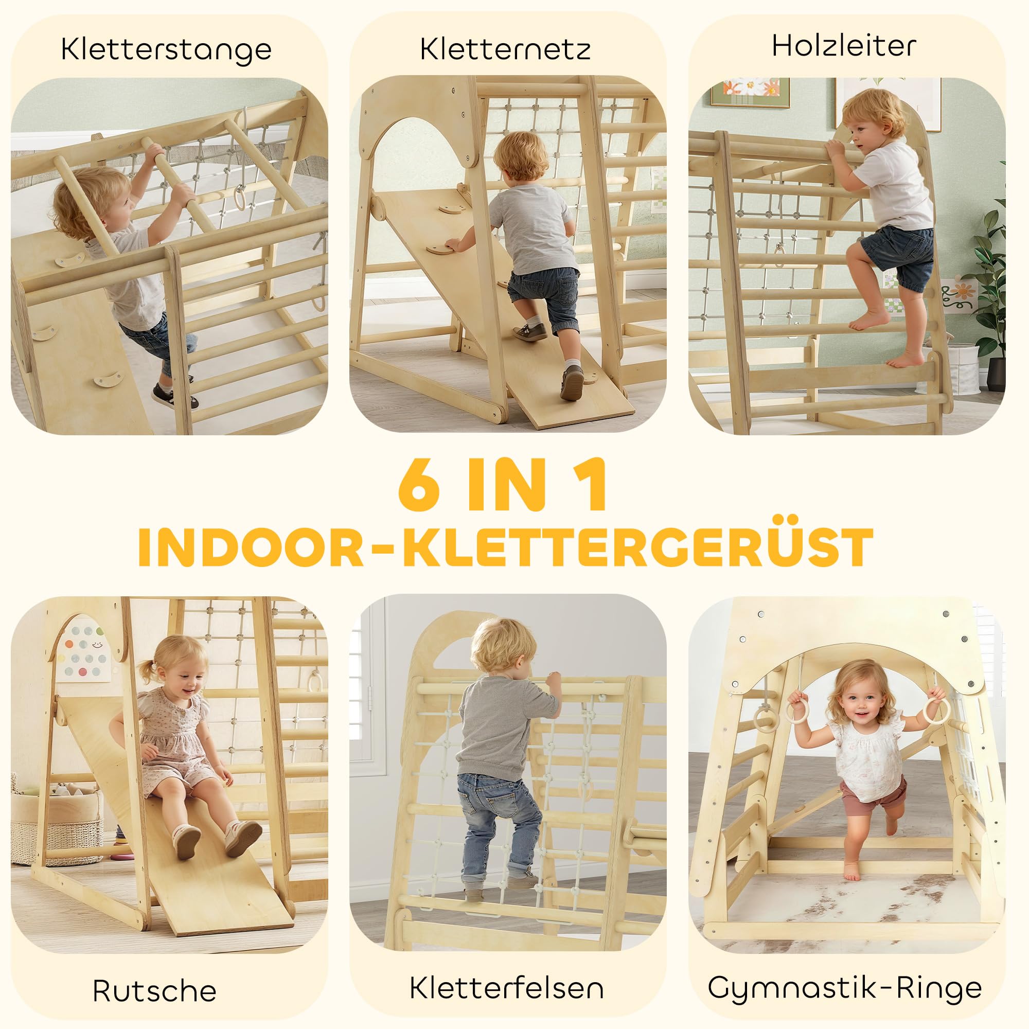 AIYAPLAY 6-in-1 Montessori Klettergerüst Indoor für 3-6 Jahre, Naturholz | Indoor Spielplatz, Mit Rutsche, Kletterstangen, Turnringen, Leiter, Kletternetz, Kletterturm Indoor