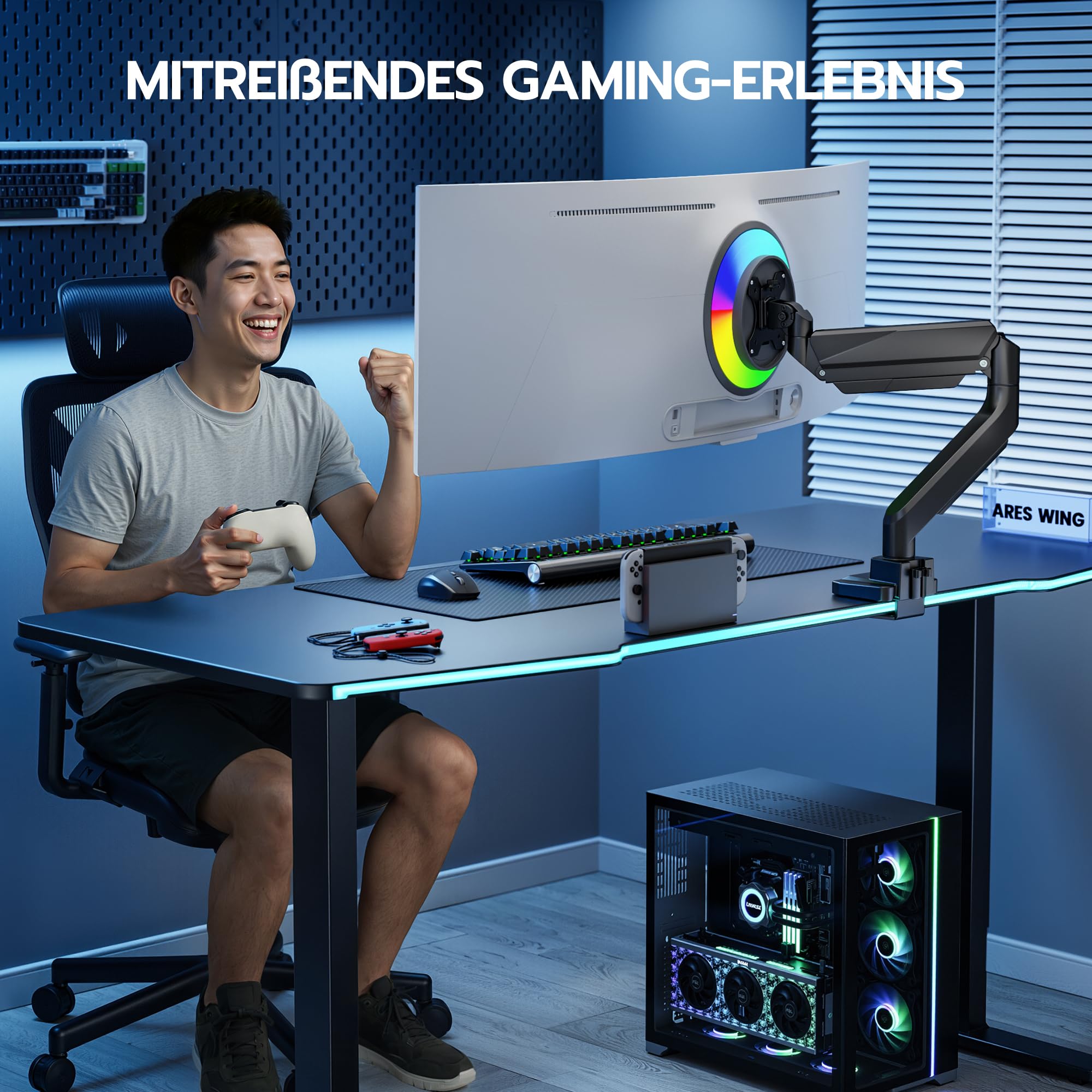ARES WING Monitor Halterung für 17"-49" Flach Curved Bildschirm, Höhenverstellbar Bildschirmhalterung, Einzel Monitor Arm Traglast Max 18 kg, 75/100mm Vesa Halterung, Tischhalterung,Schwarz