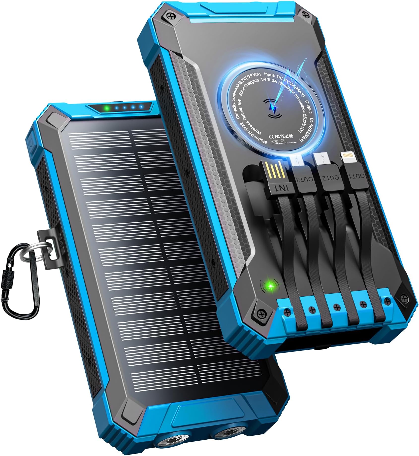 Wireless Solar Power Bank 26800mAh with Built-in 4 Cables, Portable Charger Power Bank USB-C Output/Input 15W Fast Charging, External Battery (Black+Blue)