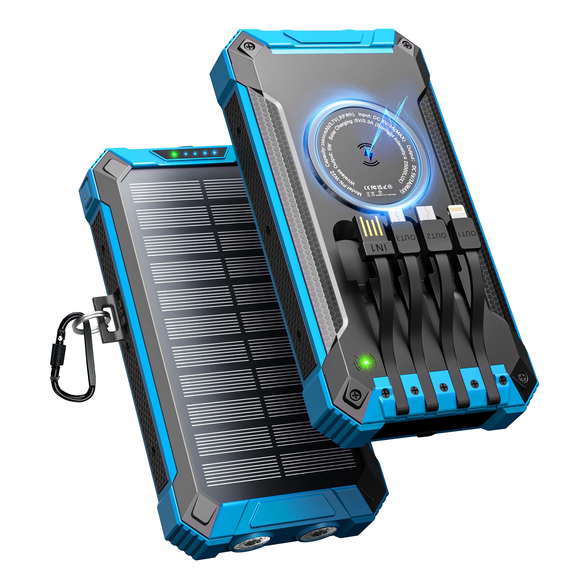 Wireless Solar Powerbank 26800mAh mit 4 Kabel, 15W Schnellladung für Handy
