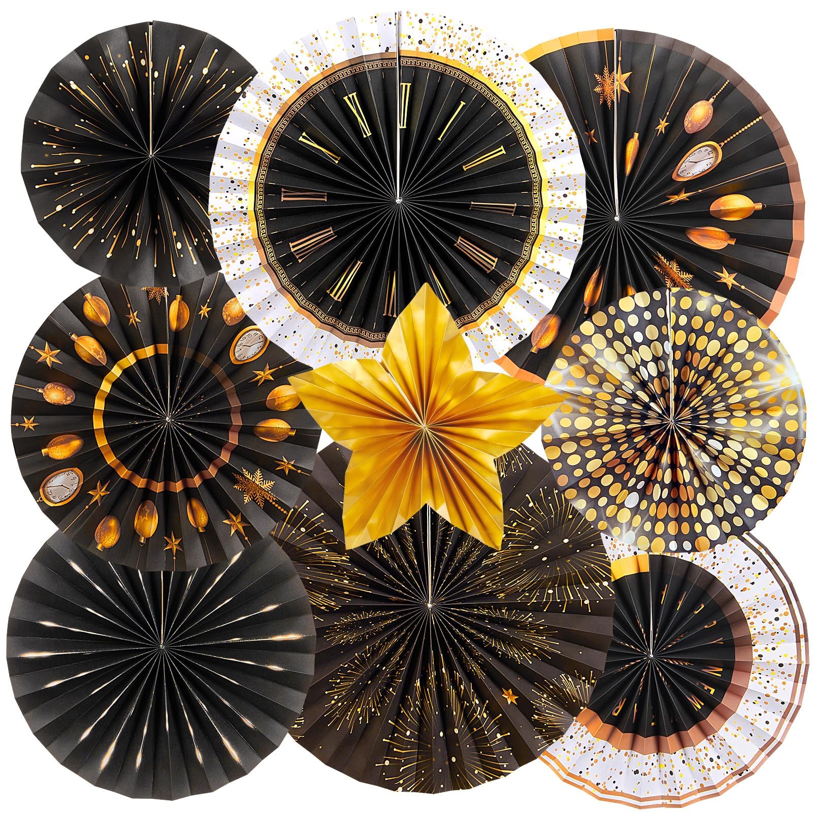 Easy Joy New Year's Eve Decoration 2026 Black and Gold Party Decoration Hanging Paper Fans for Happy New Years Wedding Men Women Birthday Eve Party Accessories