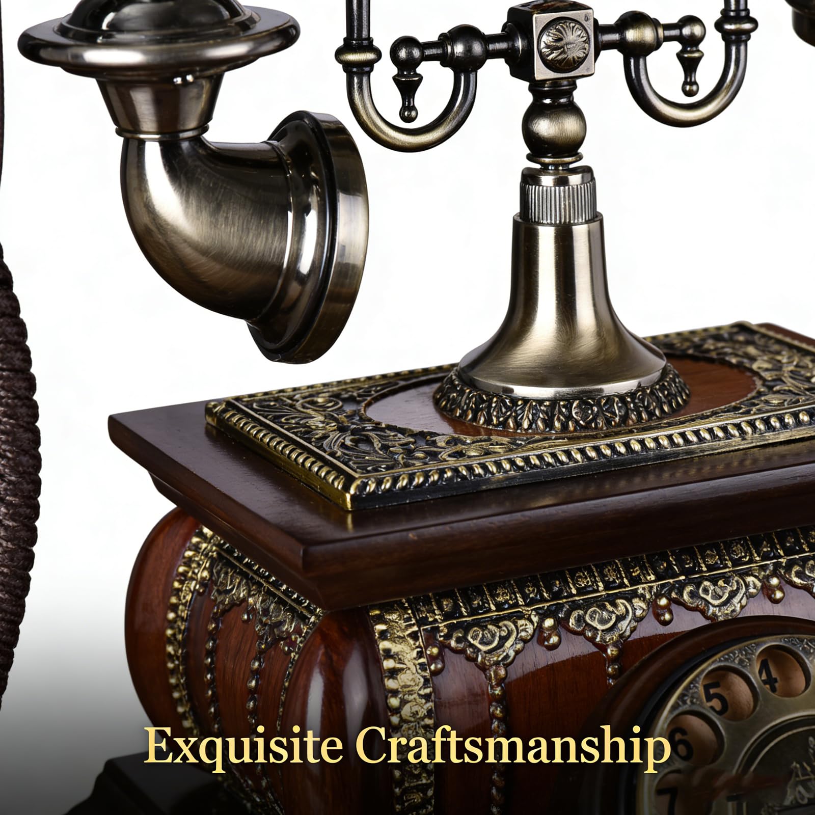 Telefono Vintage in Legno con quadrante Rotante, Telefono retrò con Filo, Telefono Fisso in Stile Antico Classico con Dettagli in Metallo per l'arredamento di casa e Ufficio. Stile