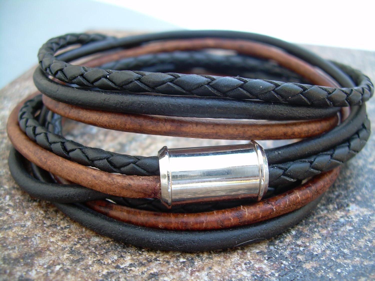 Mens Triple Wrap Leather Bracelet with Stainless Steel Magnetic Clasp, Mens Bracelet, Mens Jewelry, Fathers Day Gift, Groomsmen, Groom