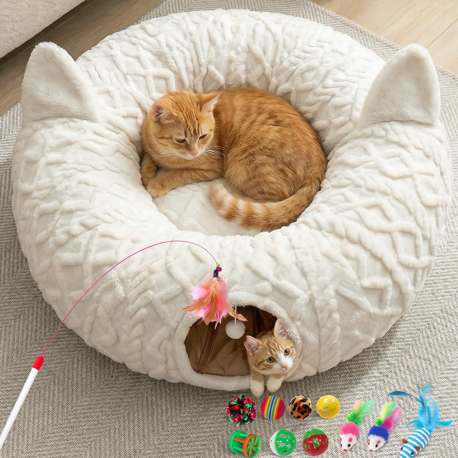 Katzentunnel Rund Weiß mit Katzenbett, Plüsch Katzen Donut Tunnel mit 11 interaktiven Spielzeugen & Waschbarer Matte, Peekaboo Katzenhöhle Spieltunnel unter dem Weihnachtsbaum für Katzen