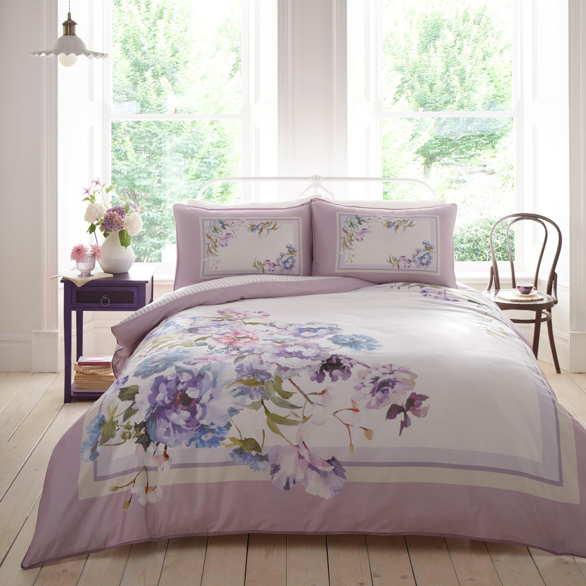AppletreePurple Floral Duvet Cover Sets - Super King Bedding Size (260 x 220cm) - Lilac Botanical Bedding Sets & Pillowcases - Hand Painted Flowers - Luxury Bedding - Arley Collection