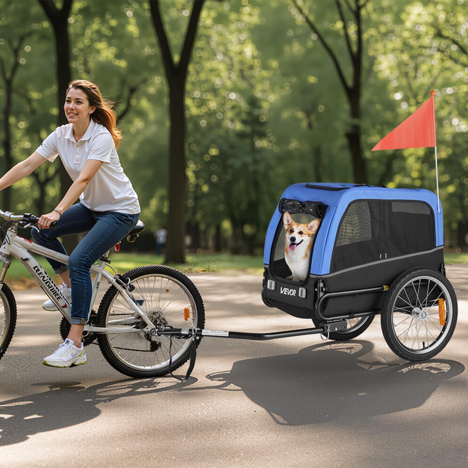 VEVOR Rimorchio per Bici per Cani, Supporta Fino a 30 kg, Carrello Portabici, Telaio Pieghevole con Ruota a Sgancio Rapido, Attacco Universale per Bicicletta, Riflettore, Bandiera Guinzaglio Interno