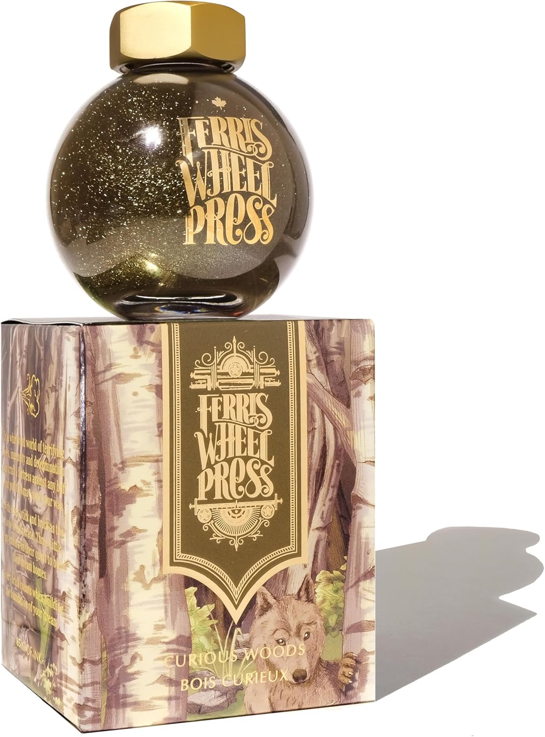 Ferris Wheel Press Ink, FerriTales Collection, Curious Woods, Ash Brown with Duochrome Green/Pink Shimmer | 85ml Fountain Pen Ink Bottle