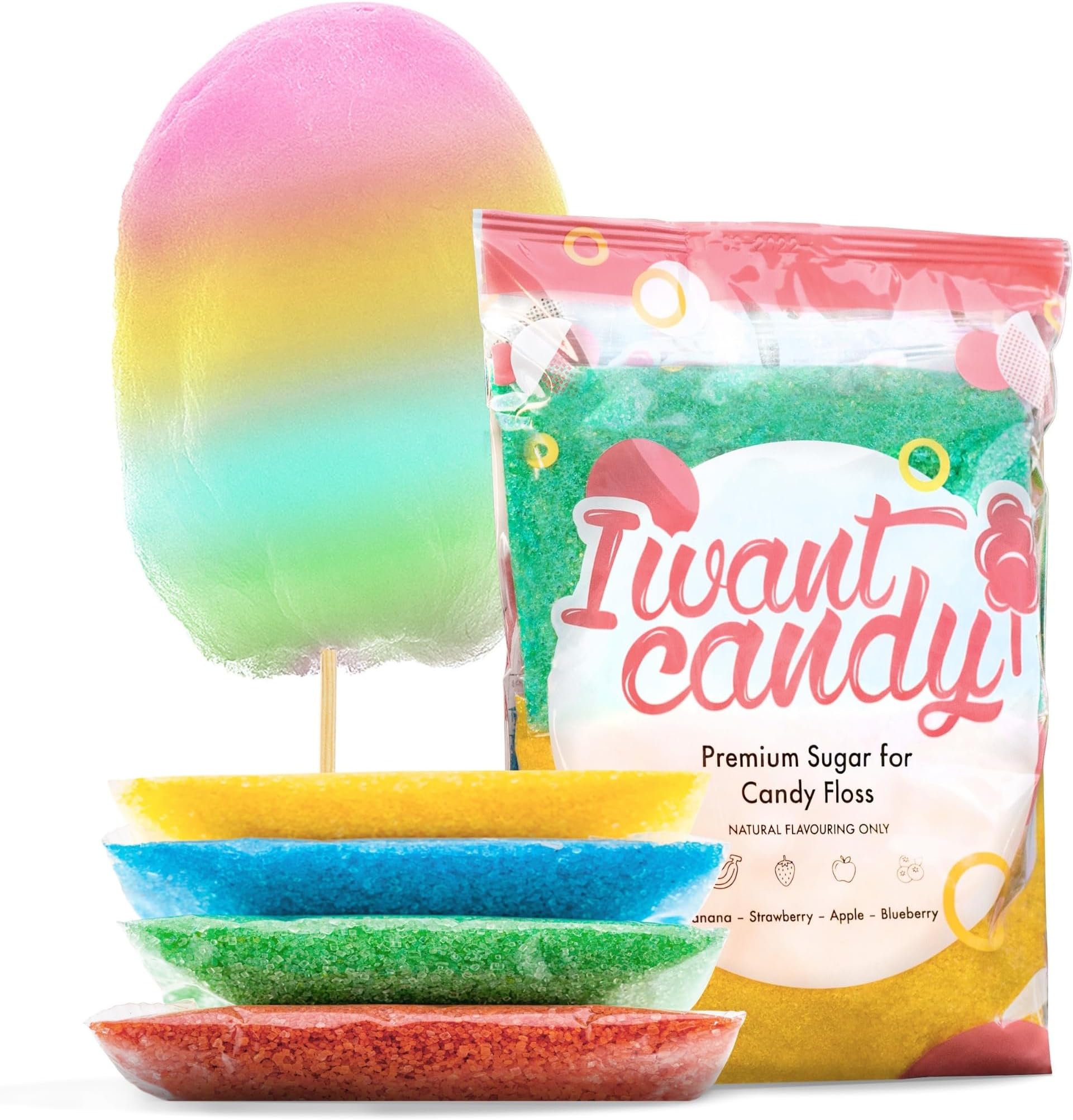 I WANT CANDY - Cotton Candy Premium Candy Floss Sugar - Colorful with Great Taste | 4x200g - Banana - Strawberry - Apple - Blueberry | Perfect for All Types of Machines | 800 Grams Total