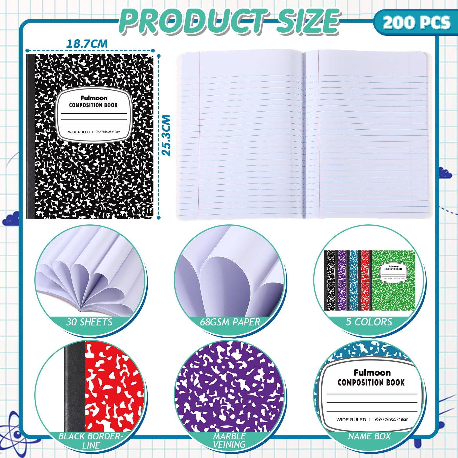 Fulmoon 200 Pcs Composition Notebooks Wide Ruled, Comp Book, 10.12"x 7.2", 30 Sheets Per Comp Book, Black Purple Blue Red Green, Marble Notebooks for School Home Office