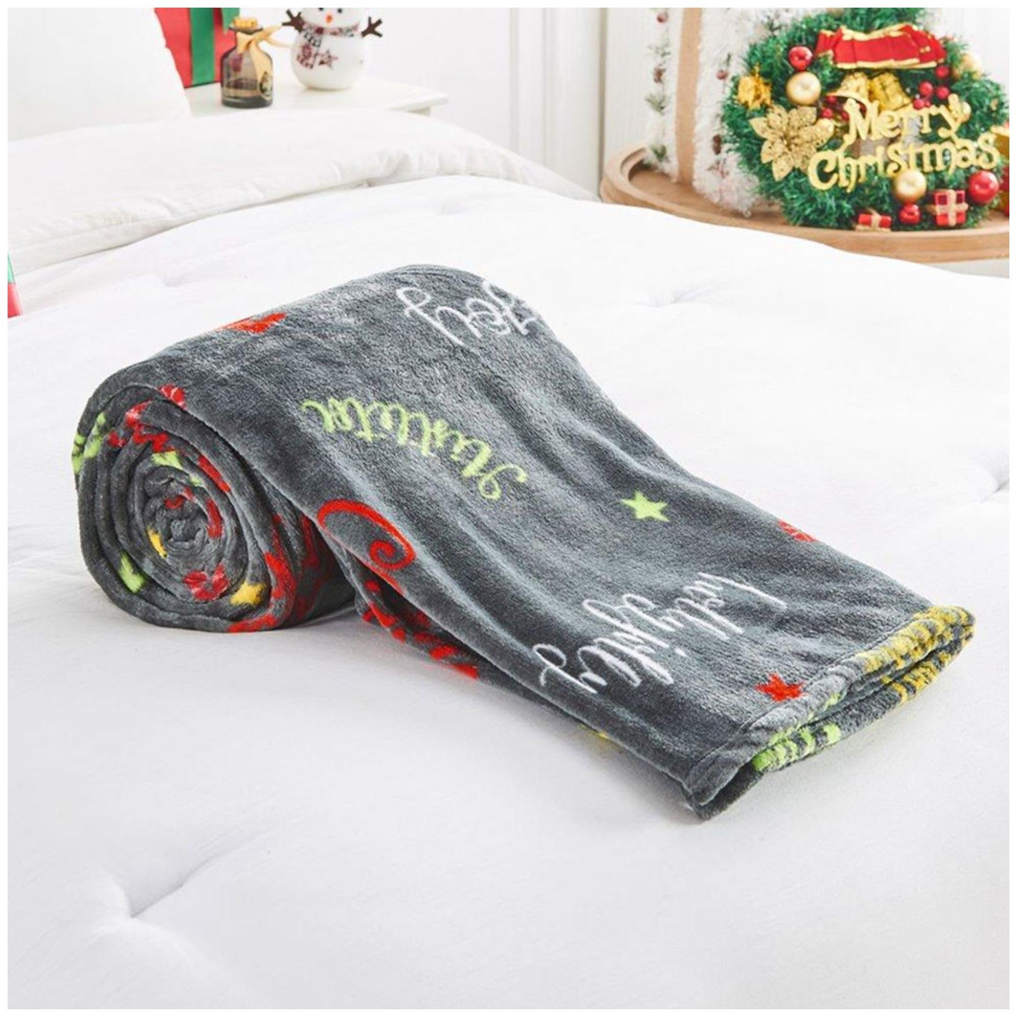 VELVETIO Xmas Flannel Fleece Throw 170 x 230cm, Sherpa Warm & Cosy Christmas Text Pattern Sofa Bed Blanket, Lightweight Tree Wishes Throws for Couch, Multi