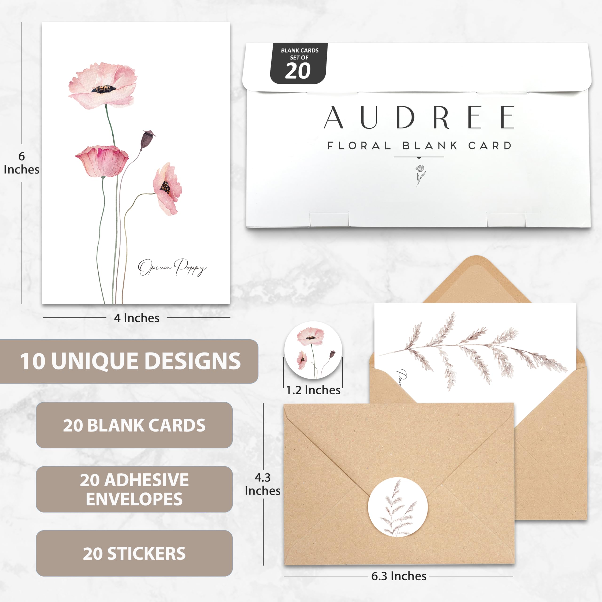 AUDREE 20 Pack Blank Cards and Envelopes 4x6 - Watercolor Single Blank Greeting Cards with Envelopes and Matching Sticker - Blank Note Cards and Envelopes for All Occasions