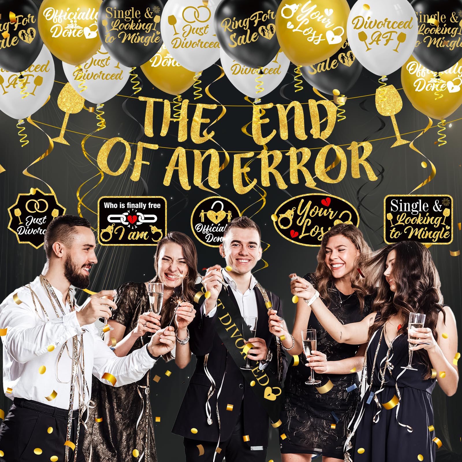 Amazon.com: Divorce Party Decorations for Men Women Black Gold Divorced  Banner Balloons Swirls Just Divorced Sash The End of An Error Divorce  Banner Funny Divorce Gifts Breakup Party Decorations Supplies : Toys