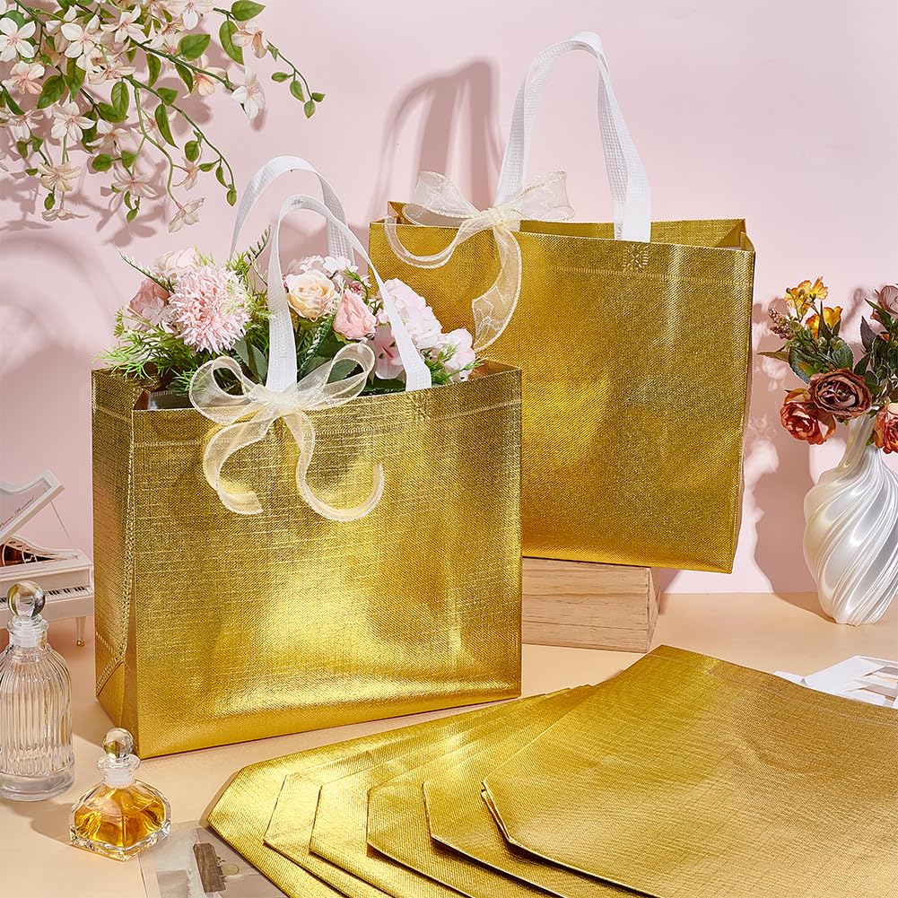 PH PandaHall Lot de 36 grands sacs cadeaux réutilisables en tissu non tissé avec ruban pour invités, fête, mariage, anniversaire, Saint-Valentin - 33,8 x 30,5 x 11,9 cm - Doré brillant