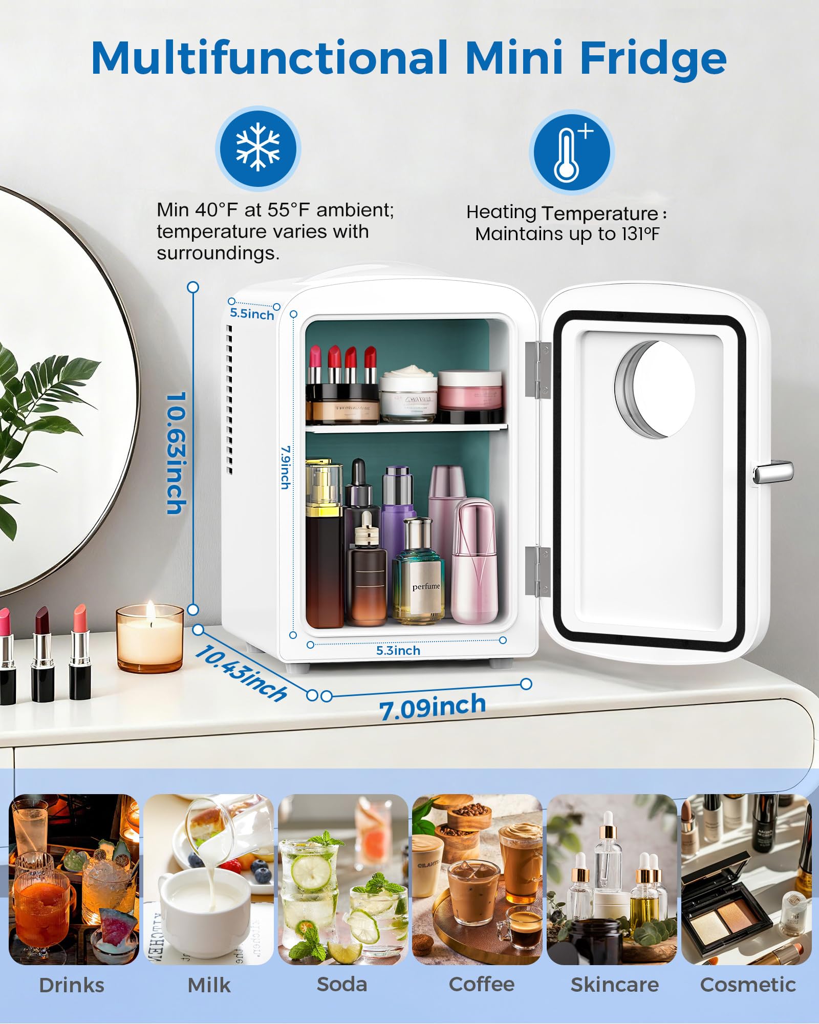 Electactic Mini-Kühlschrank für Schlafzimmer, 4L/6 Dosen, kleiner Kosmetik-Kühlschrank für Hautpflege, Make-up & Getränke, mit Beobachtungsfenster, tragbarer Schreibtisch-Kühlschrank und Wärmer für