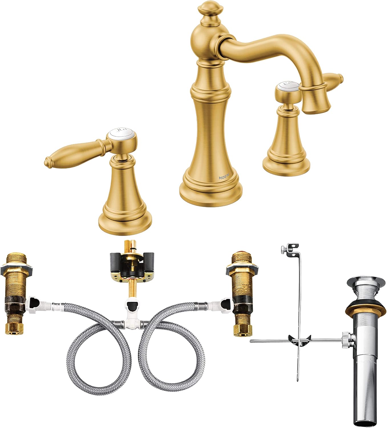 Moen TS42108BG-9000 Weymouth Two-Handle Widespread Bathroom Faucet with Lever Handles and Valve, Brushed Gold